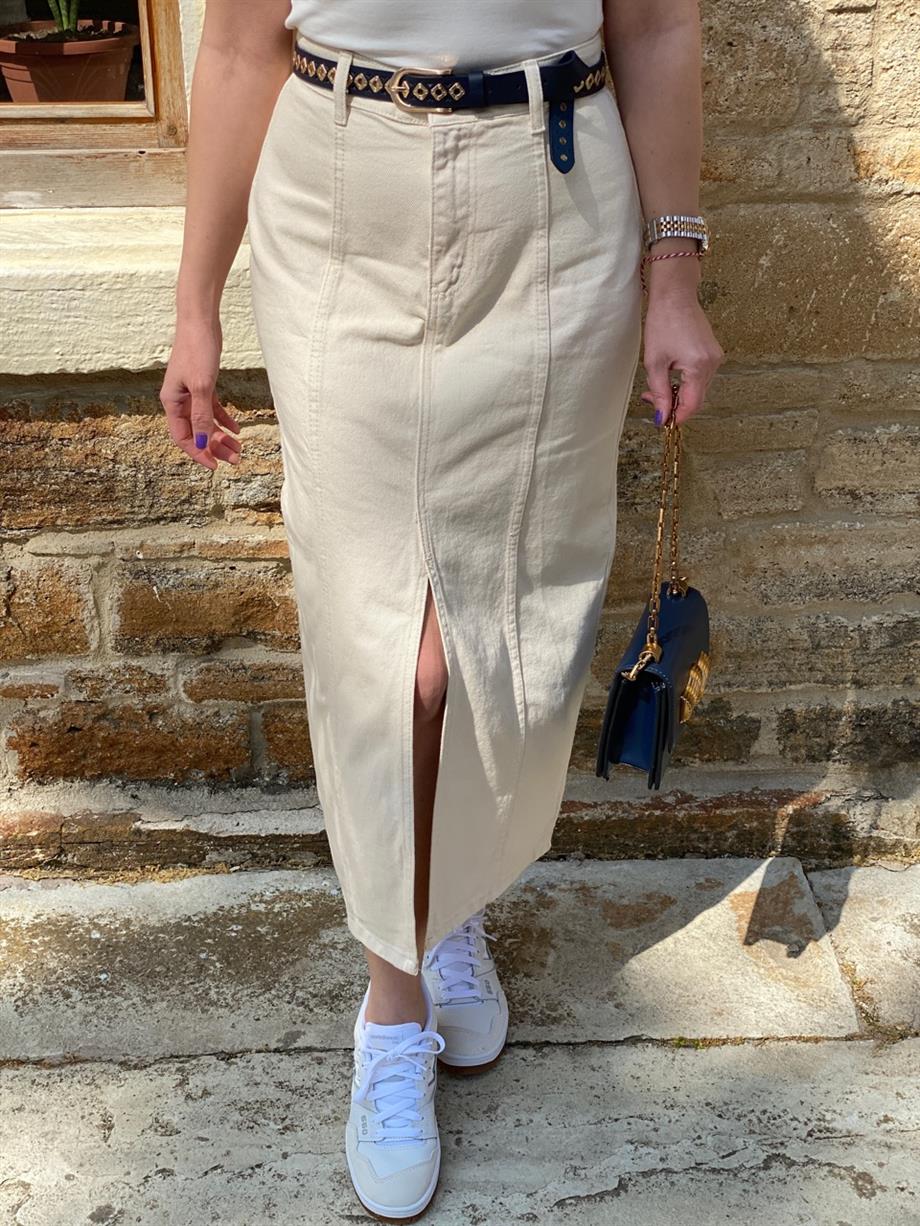 NATURAL ÖNDEN YIRTMAÇLI MİDİBOY PAMUKLU JEAN ETEK