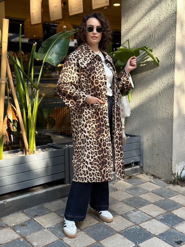 ÖNDEN CEPLİ OVERSIZE LEOPAR TRENÇKOT