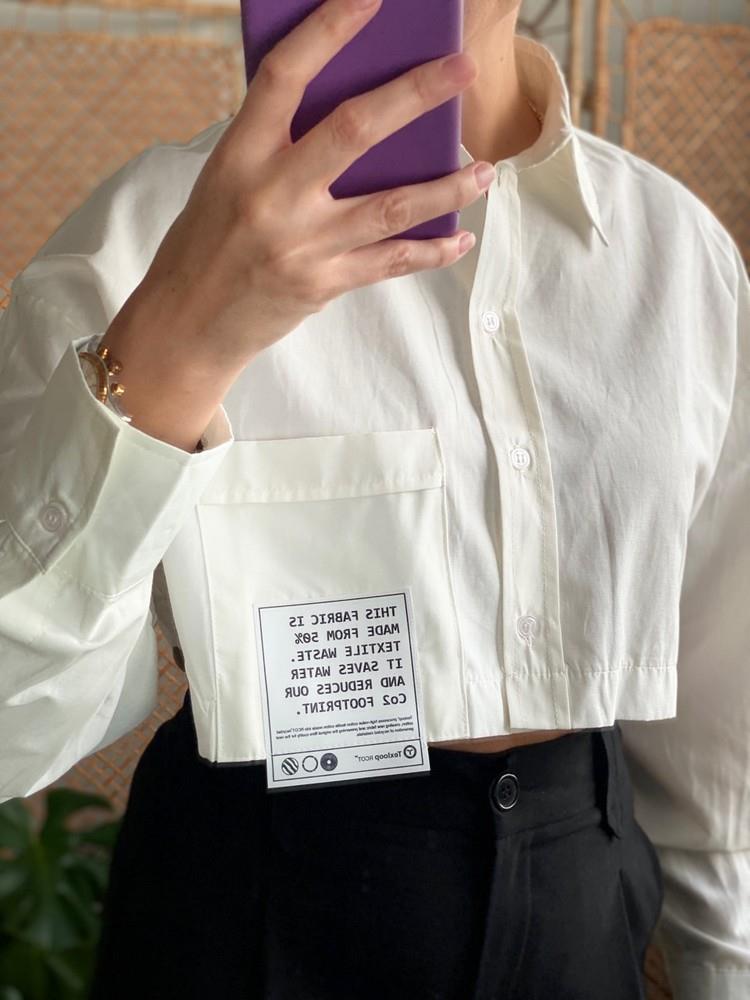 OVAL KESİM YAZILI CROP GÖMLEK