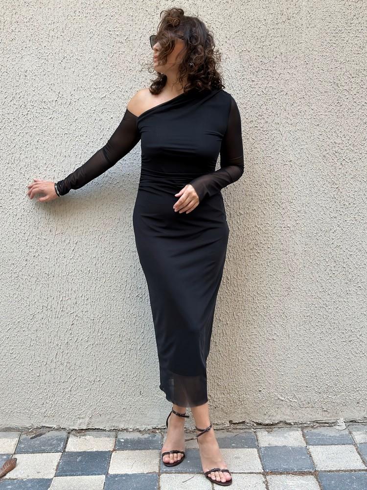 TÜL DETAYLI DRAPELİ ELBİSE