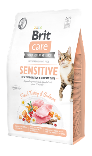 Brit Care Yetişkin Hassas Kediler İçin, Tahılsız, Hipoalerjenik, Taze Hindi Etli Ve Somonlu Kuru Mama 2 kg