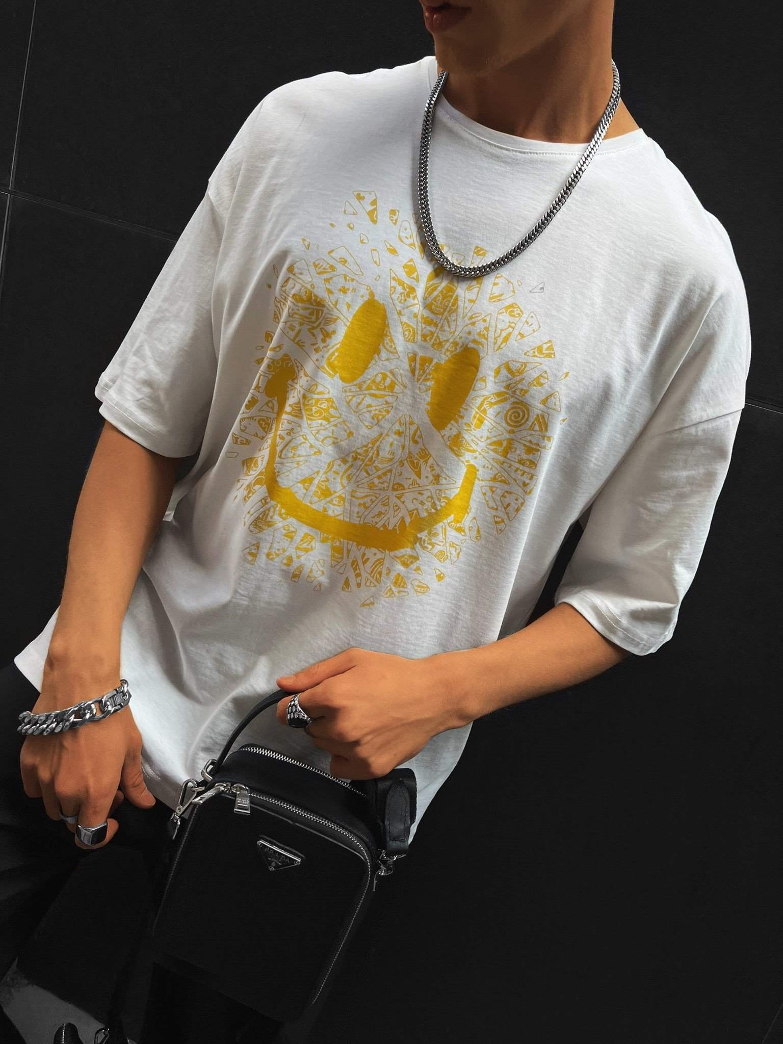 Erkek Baskılı Oversize T-Shirt Beyaz