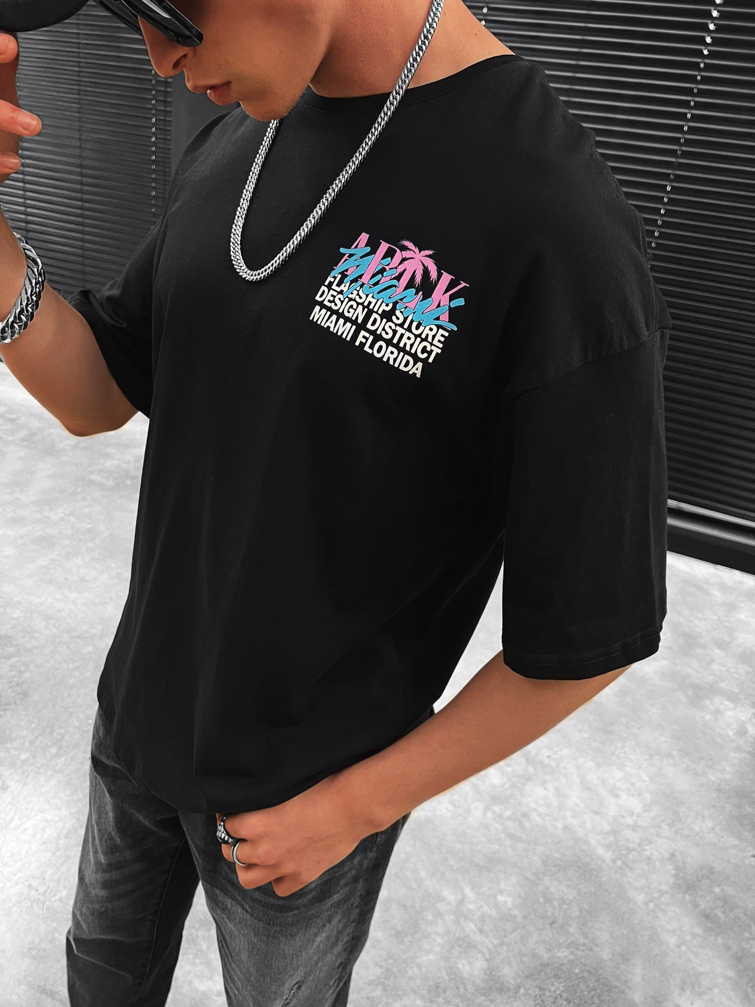 Erkek Baskılı Oversize T-Shirt Siyah