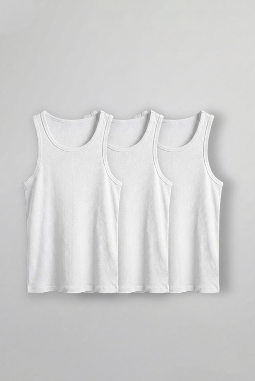 Erkek %100 Pamuklu Basic Fitilli Sporcu Atlet 3lu Set Beyaz