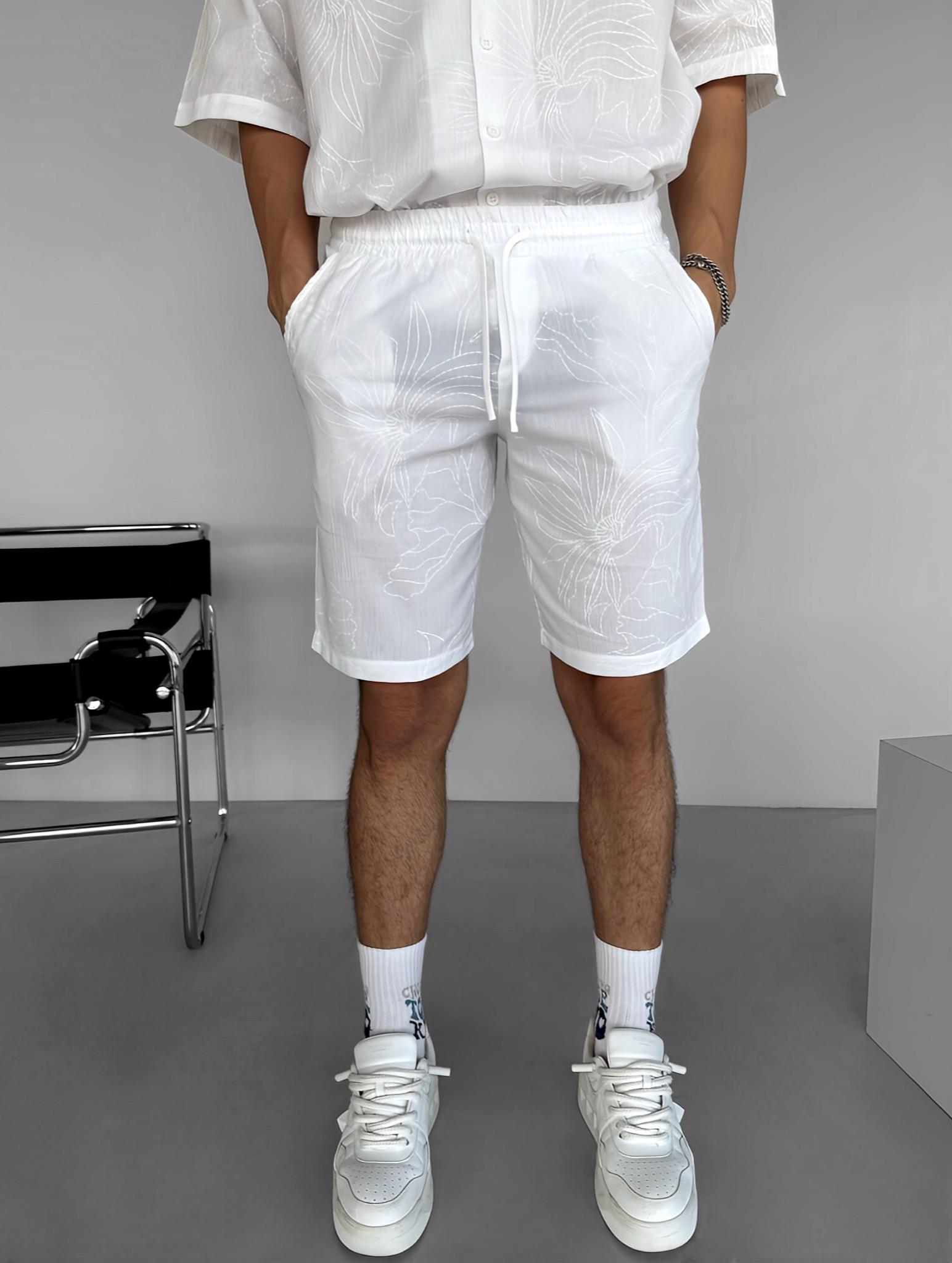 Erkek Baggy Fit Baskılı Şort Beyaz