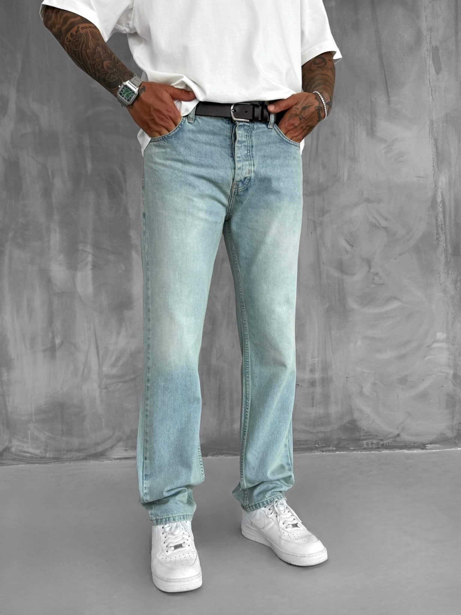 Erkek Baggy Fit Eskitilmiş Jean Pantolon Buz Mavi