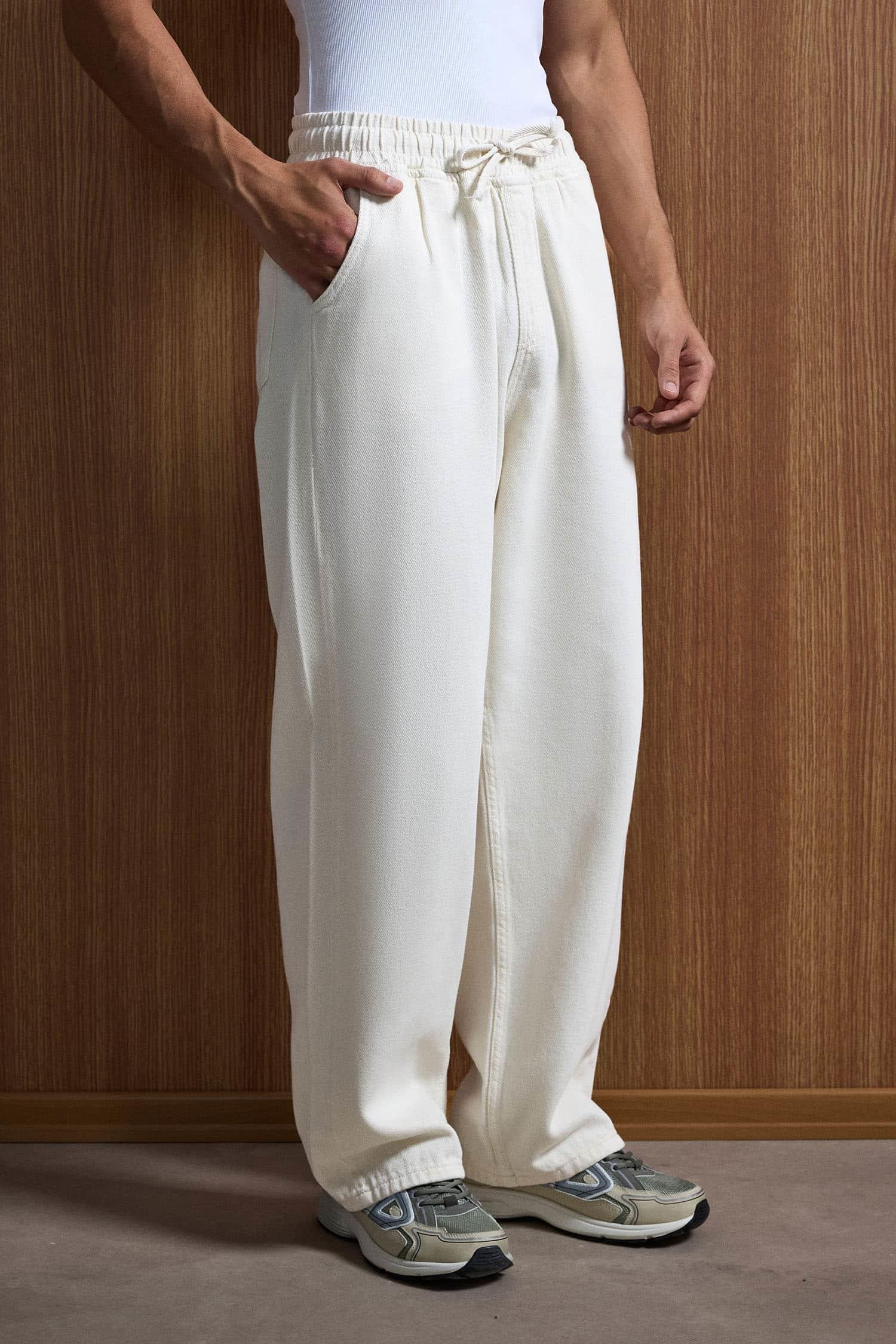 Erkek Baggy Fit Gabardin Kumaş Pantolon Ekru