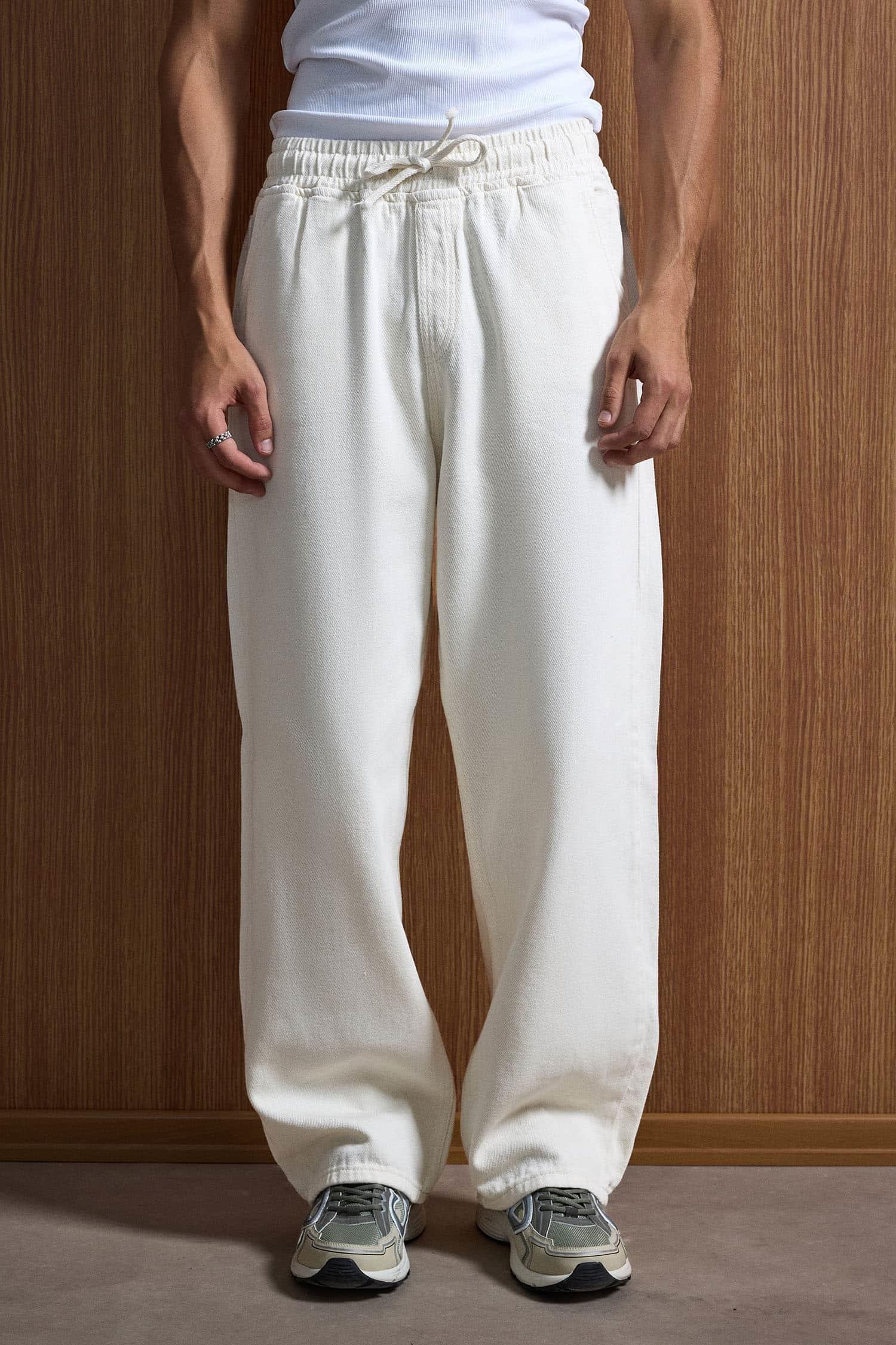 Erkek Baggy Fit Gabardin Kumaş Pantolon Ekru