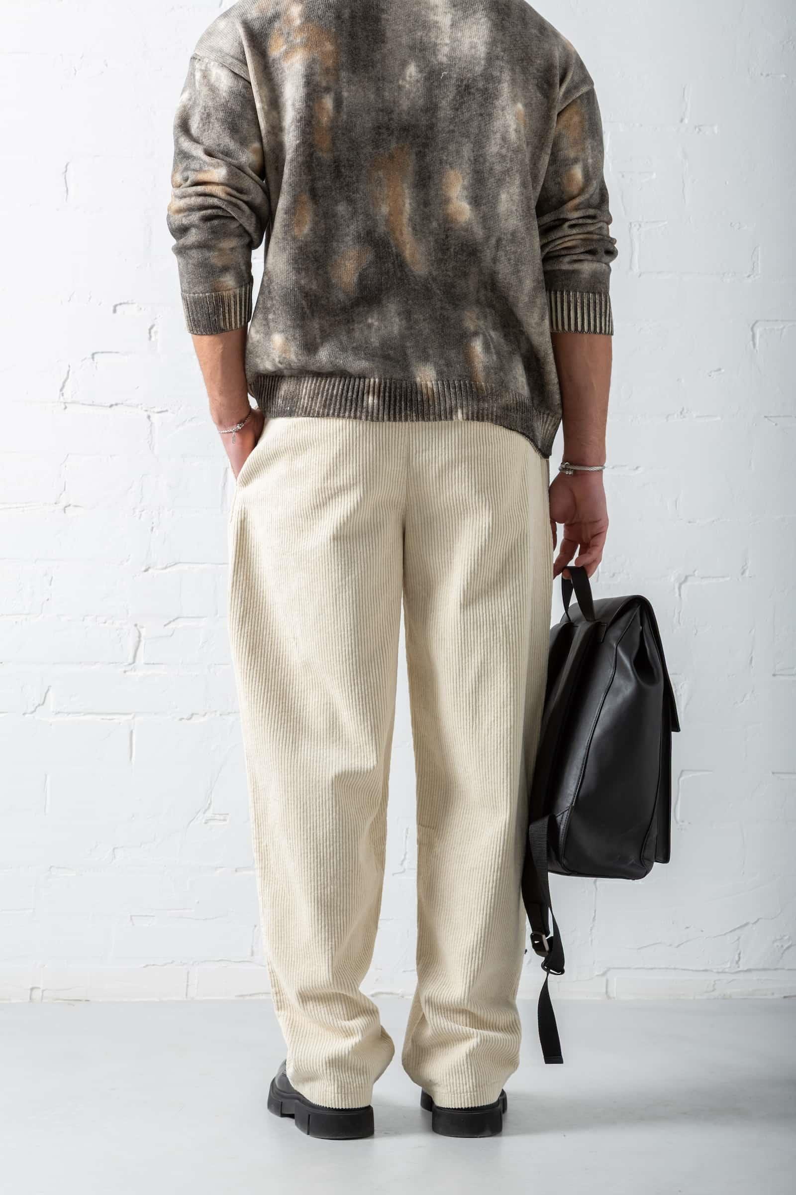 Erkek Baggy Fit Kadife Pantolon Krem