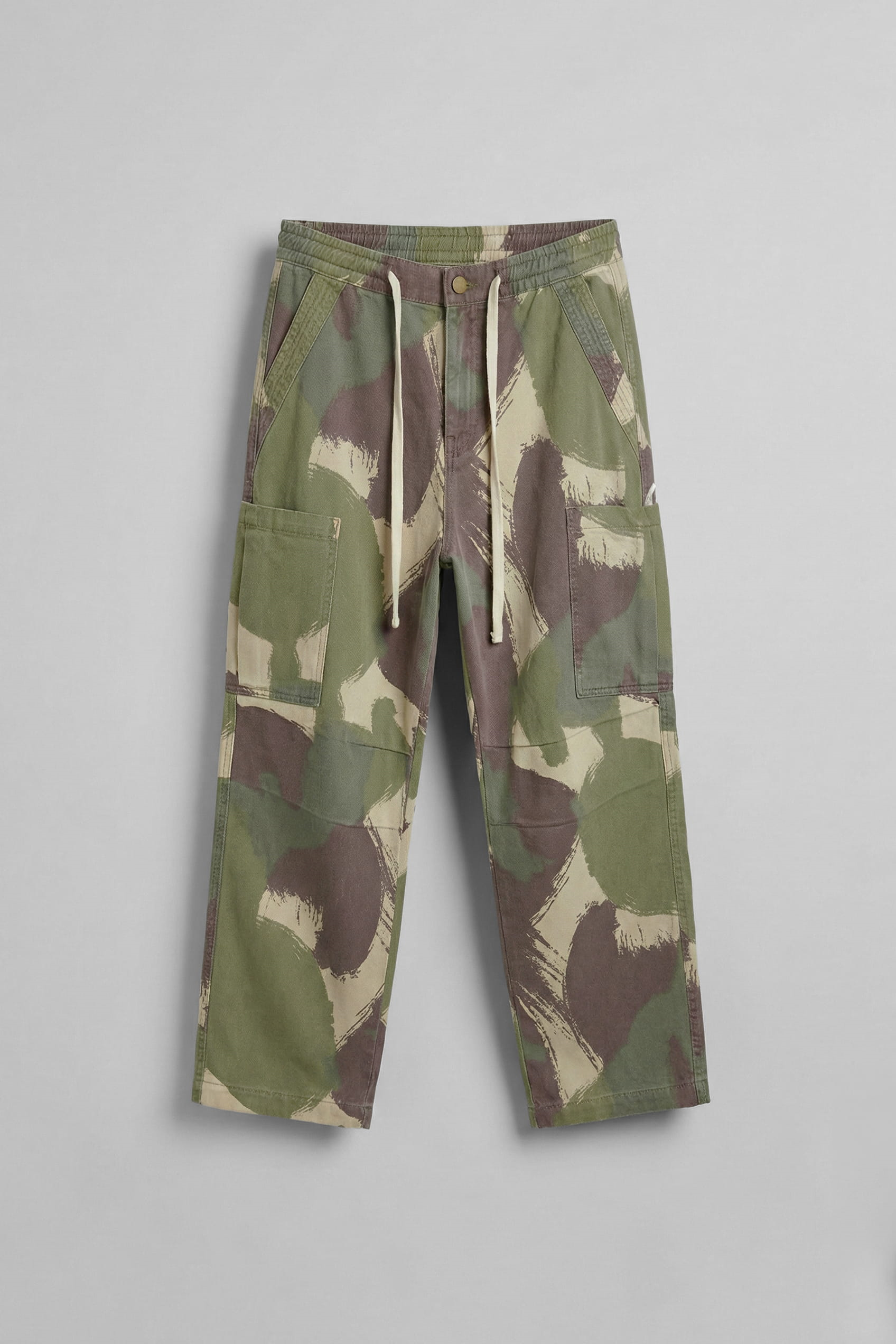 Erkek Baggy Fit Kamuflajlı Kargo Cepli Jean Pantolon Yeşil