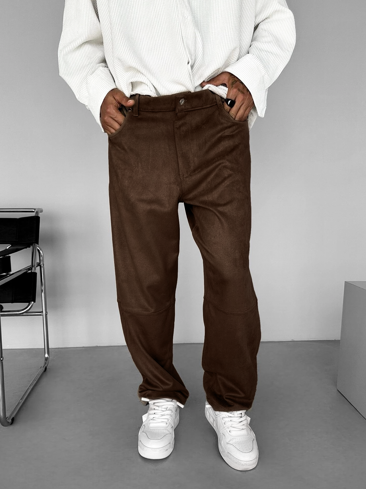 Erkek Baggy Geniş Kalıp Geniş Paça Süet Basic Pantolon Kahverengi