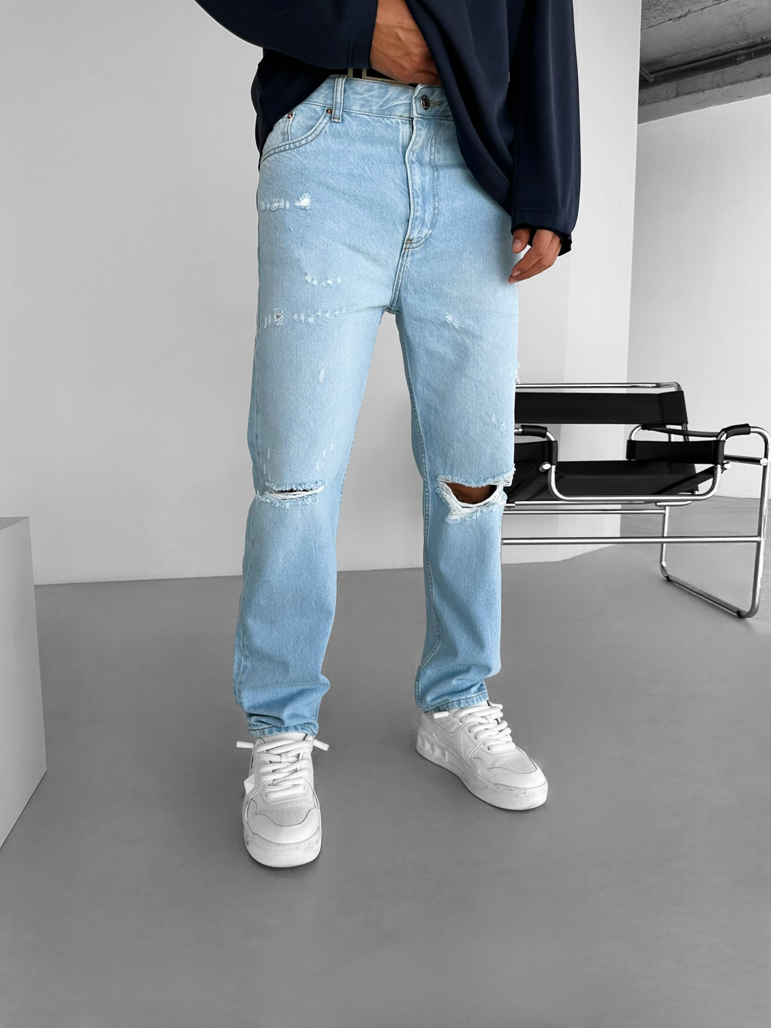 Erkek Slim Fit Distressed Jean Pantolon Açık Mavi