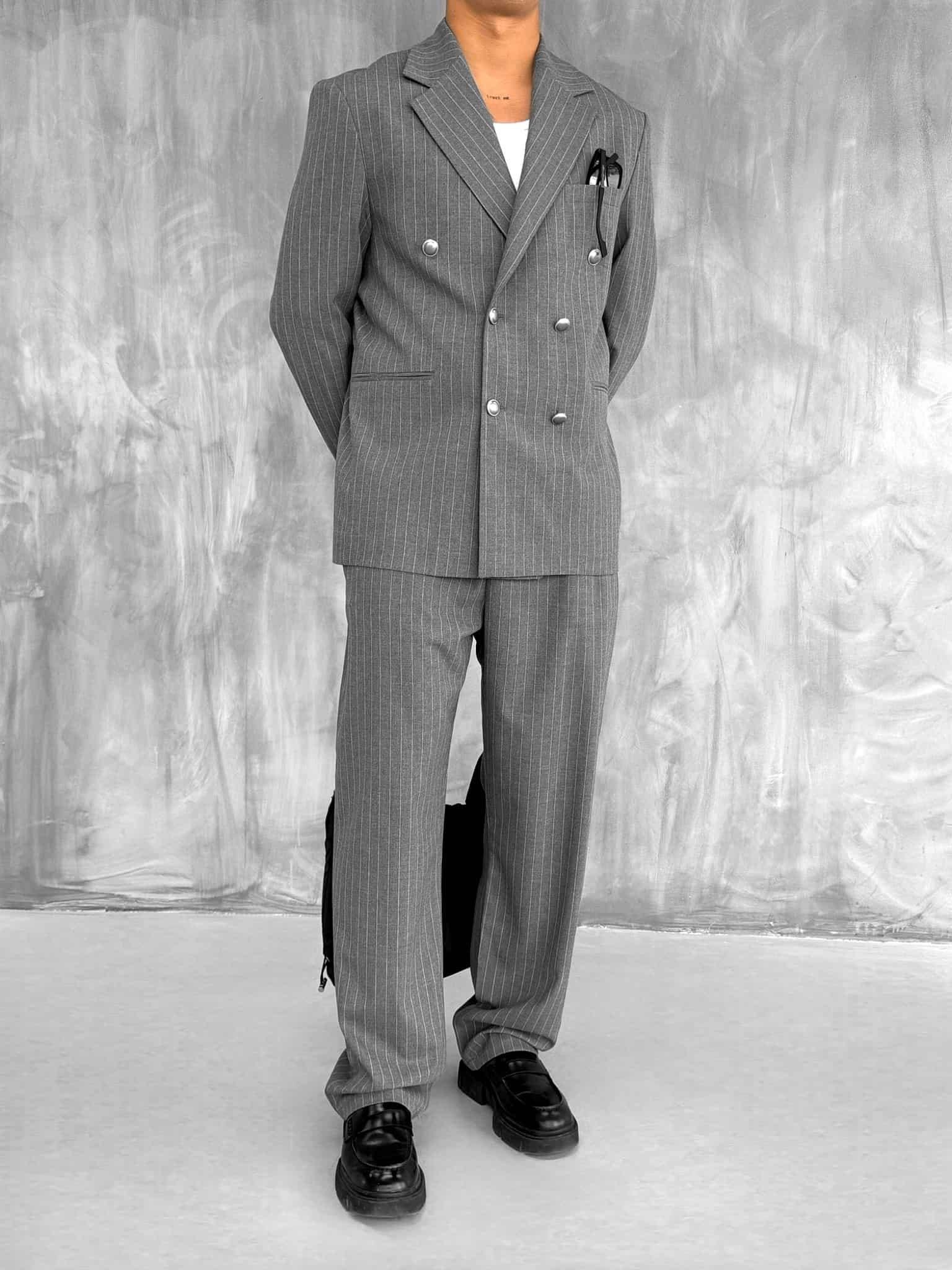 Erkek Çizgili Oversize Kruvaze Takım Elbise Gri