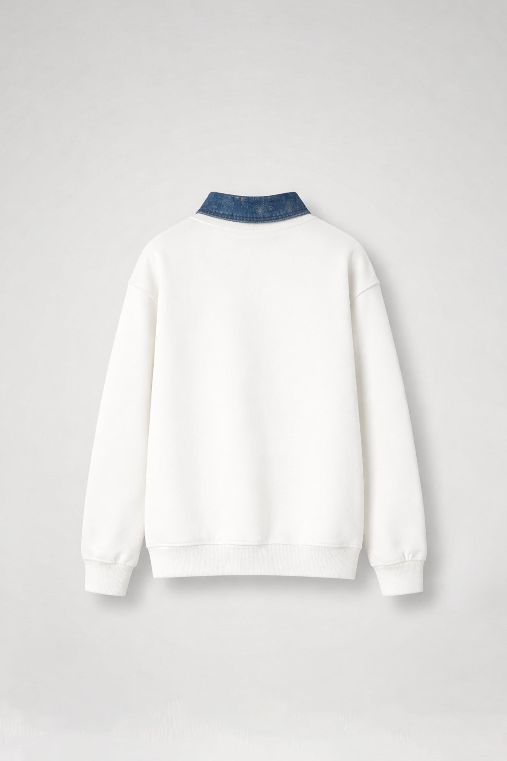 Erkek Denim Polo Yaka Yarım Fermuarlı Oversize Sweatshirt Beyaz