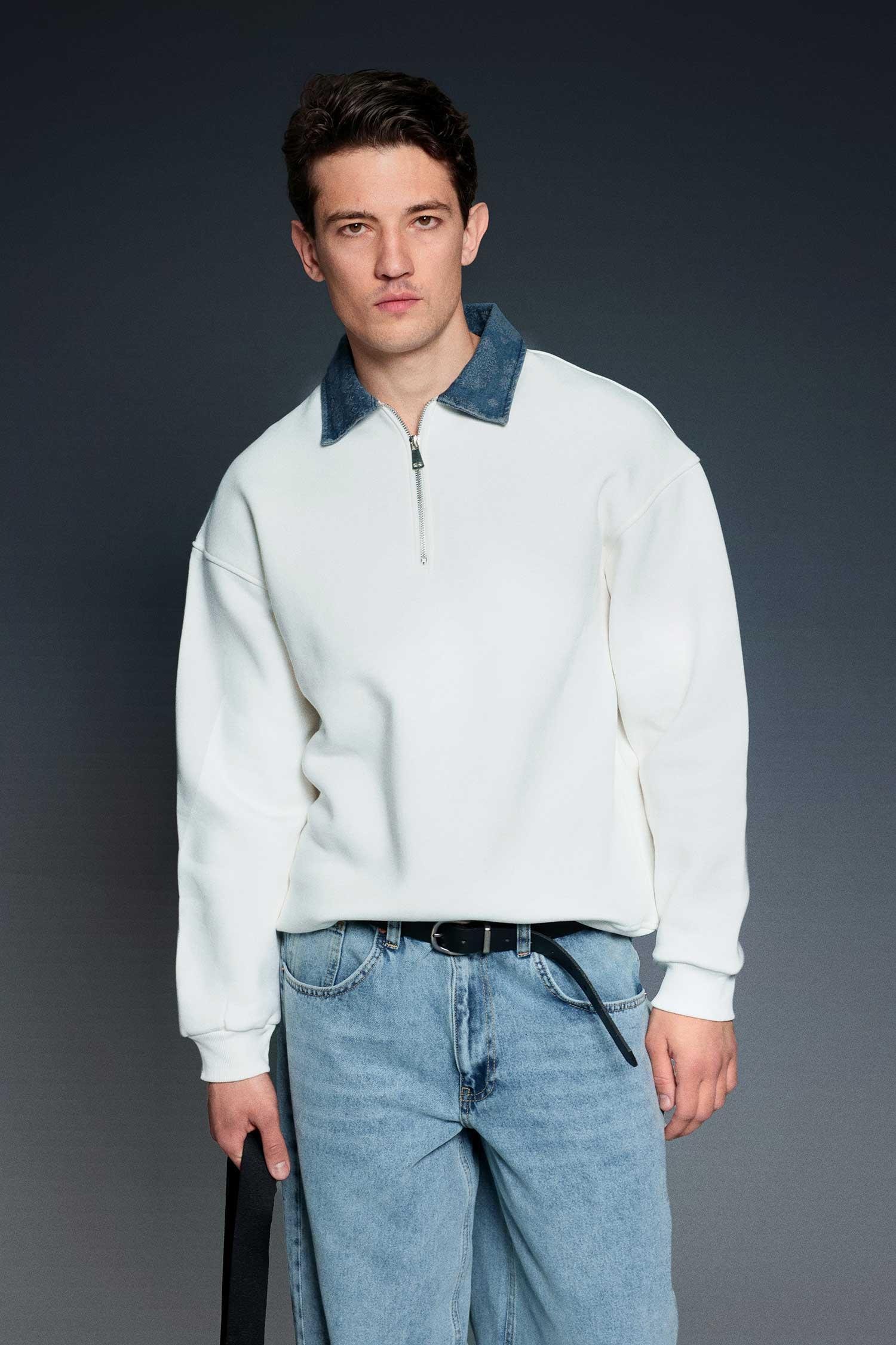 Erkek Denim Polo Yaka Yarım Fermuarlı Oversize Sweatshirt Beyaz