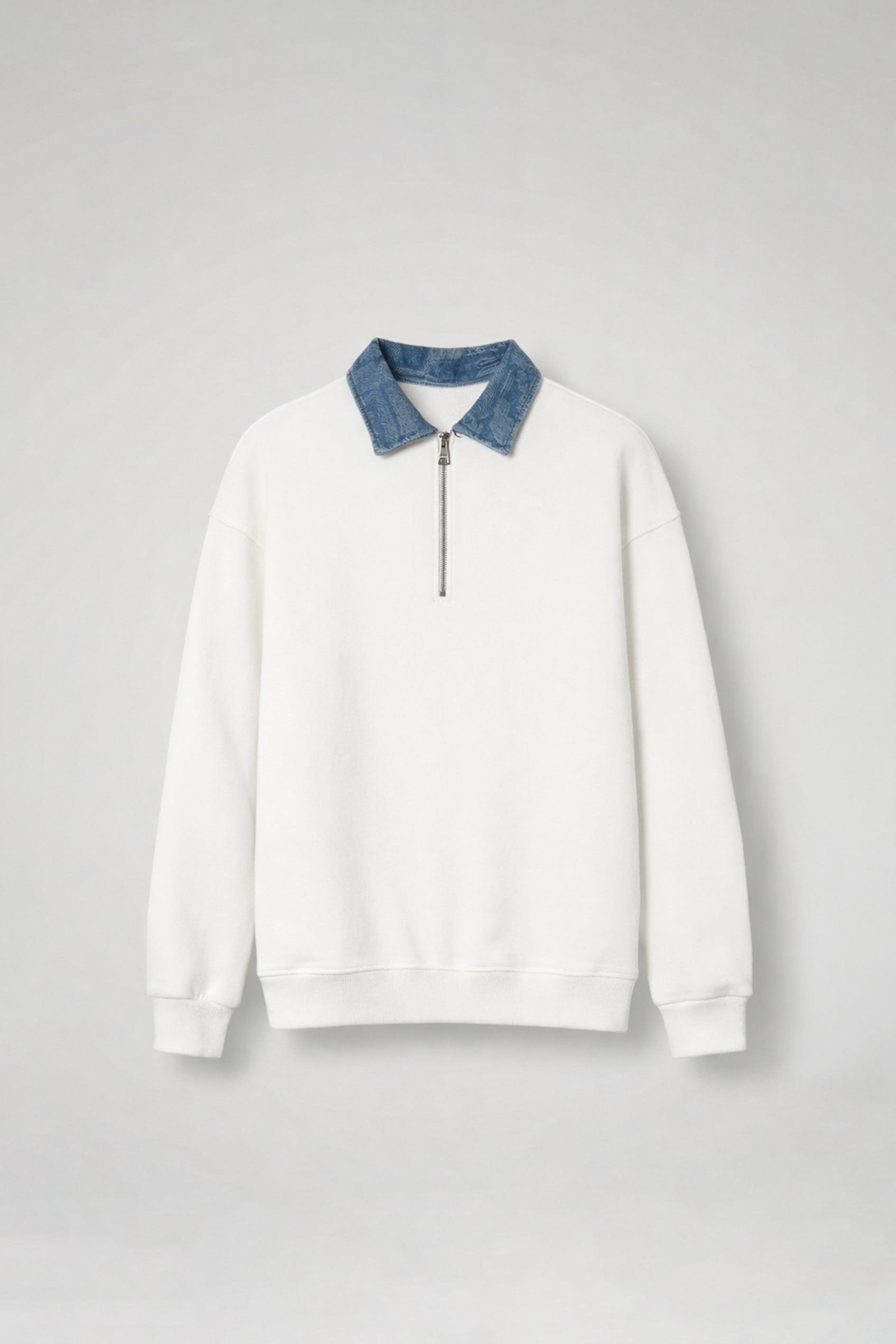 Erkek Denim Polo Yaka Yarım Fermuarlı Oversize Sweatshirt Beyaz