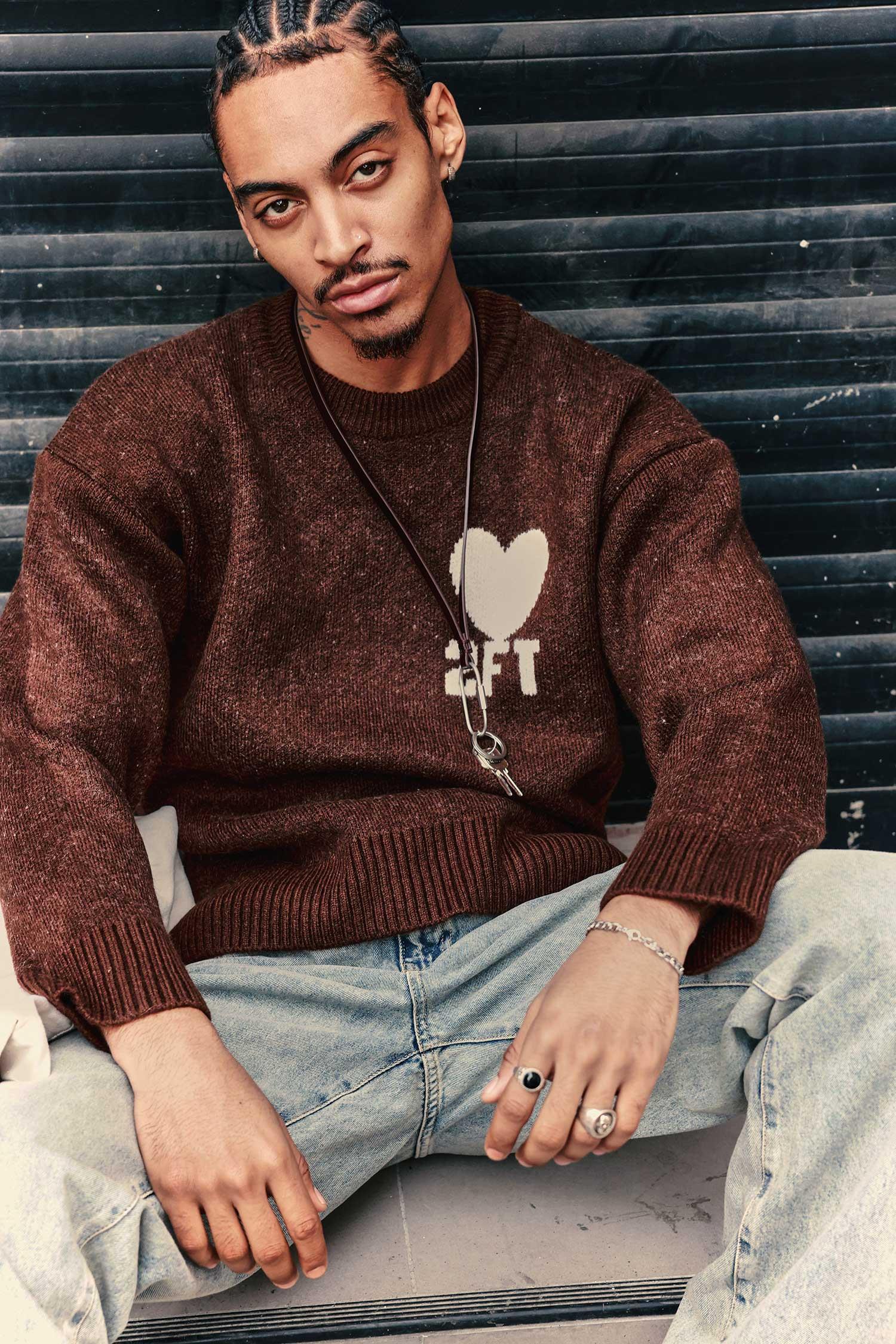 Erkek Desenli Oversize Triko Kazak Kahverengi