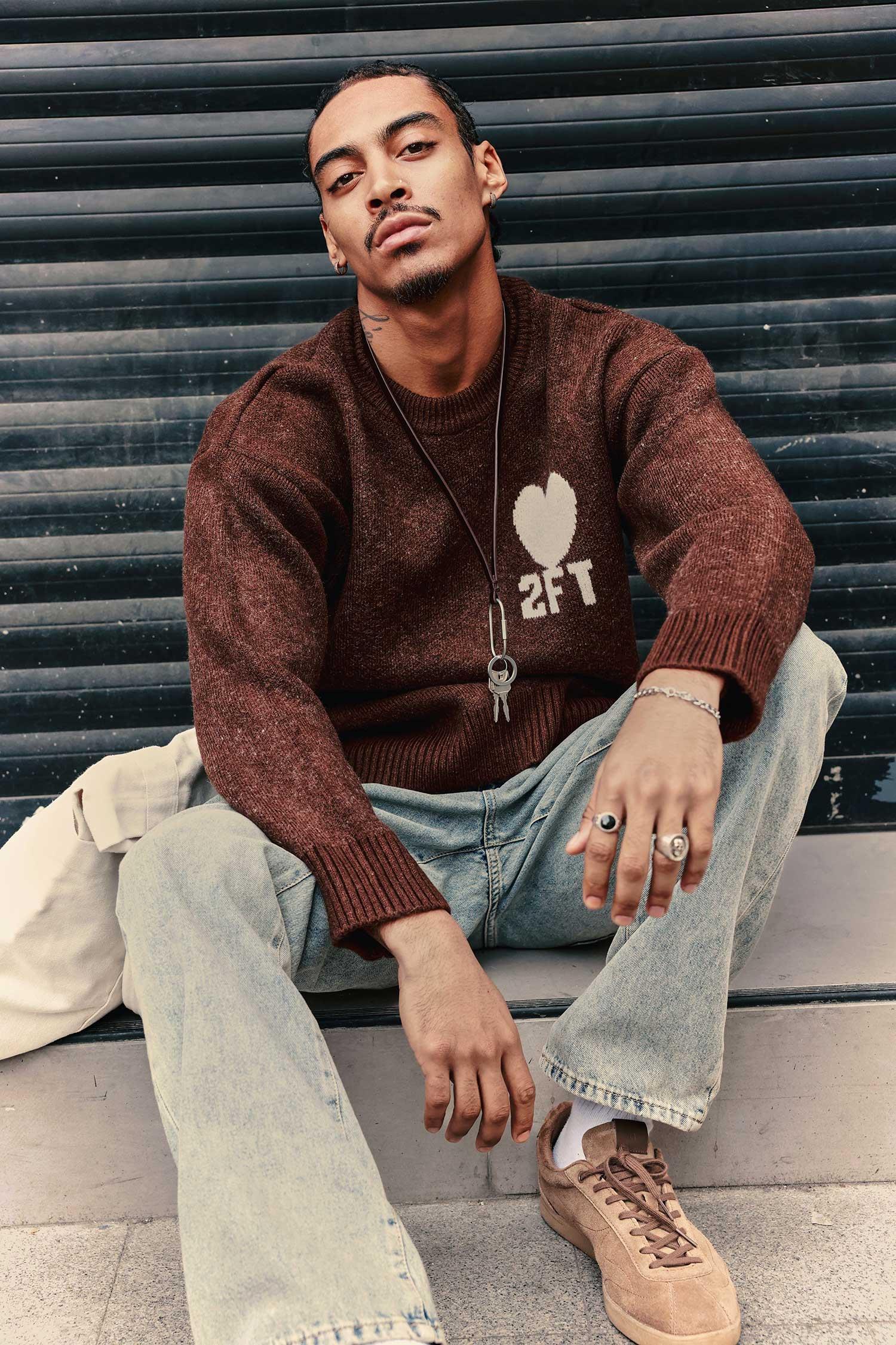 Erkek Desenli Oversize Triko Kazak Kahverengi