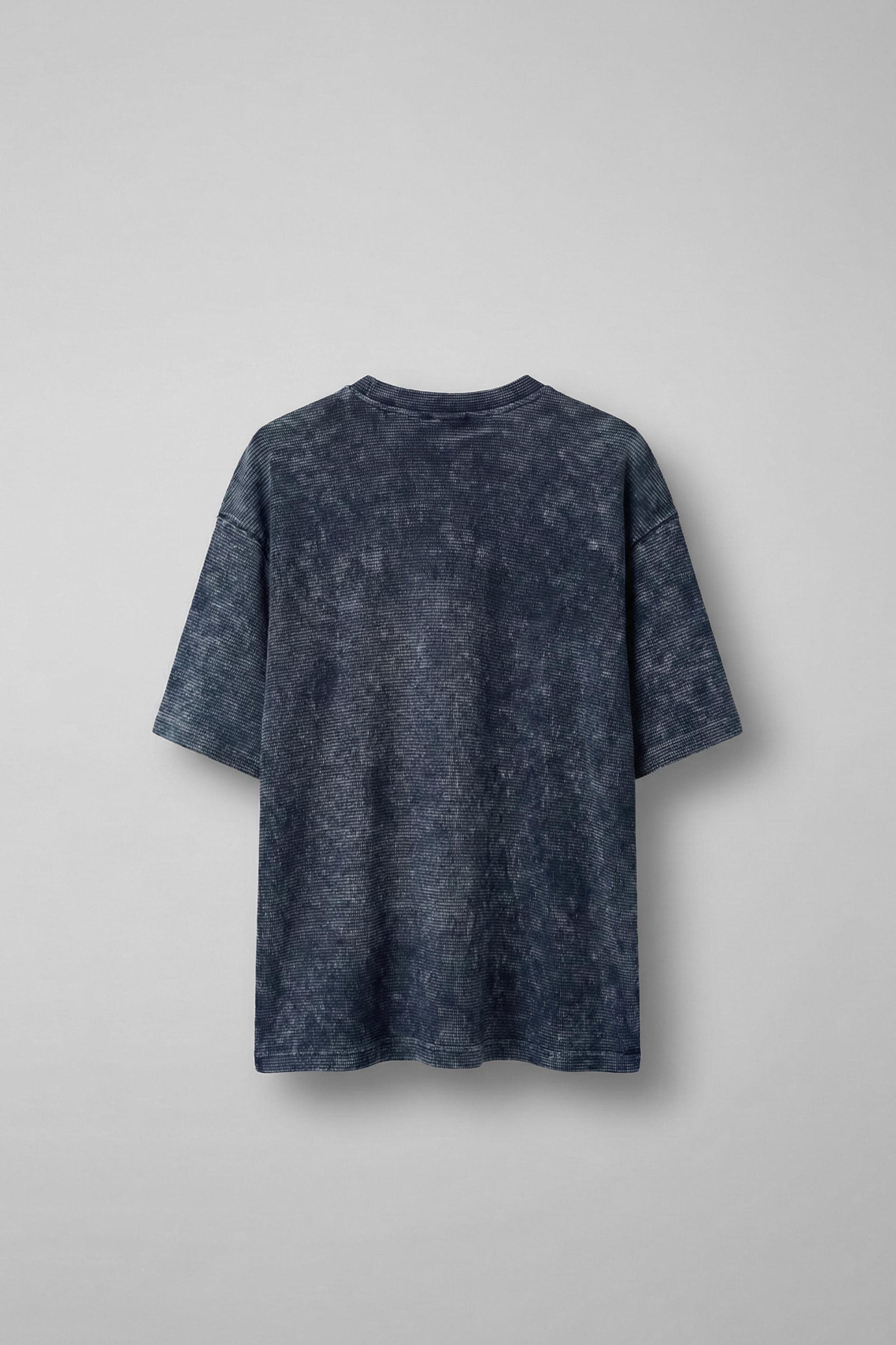 Erkek Desenli Waffle Kumaş Yıkamalı Oversize T-Shirt Mavi