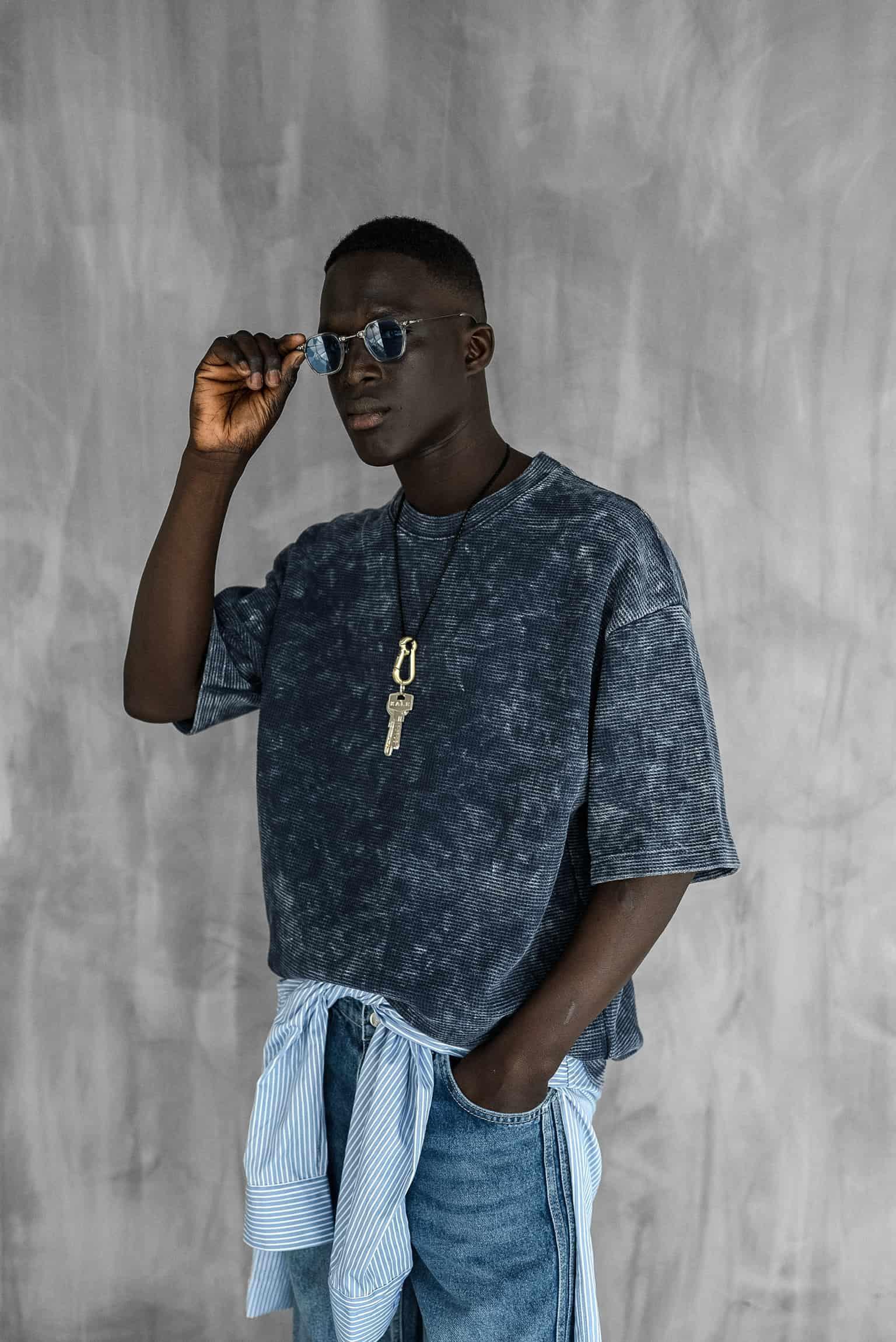 Erkek Desenli Waffle Kumaş Yıkamalı Oversize T-Shirt Mavi