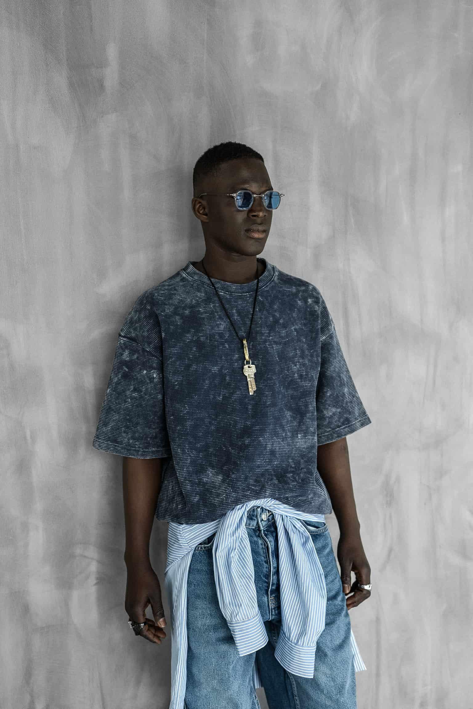 Erkek Desenli Waffle Kumaş Yıkamalı Oversize T-Shirt Mavi