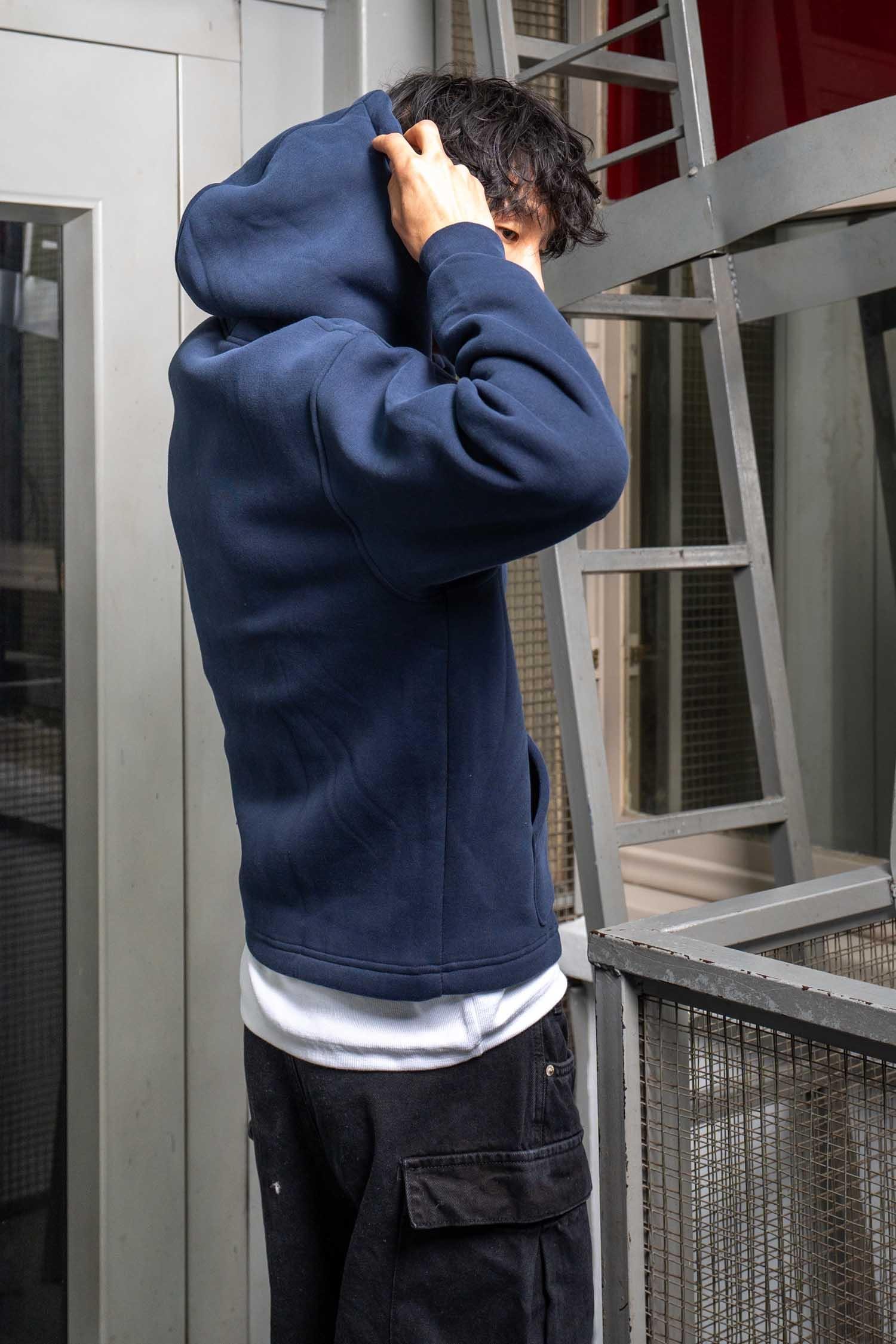 Erkek Kabartmalı Baskılı Kapüşonlu Hoodie Lacivert