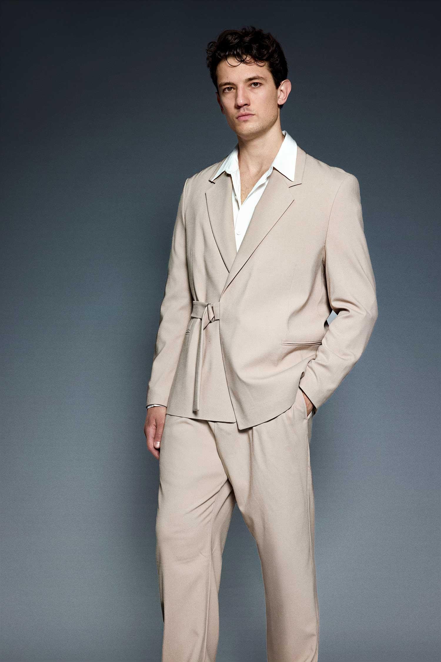 Erkek Kemerli Oversize Takım Elbise Bej