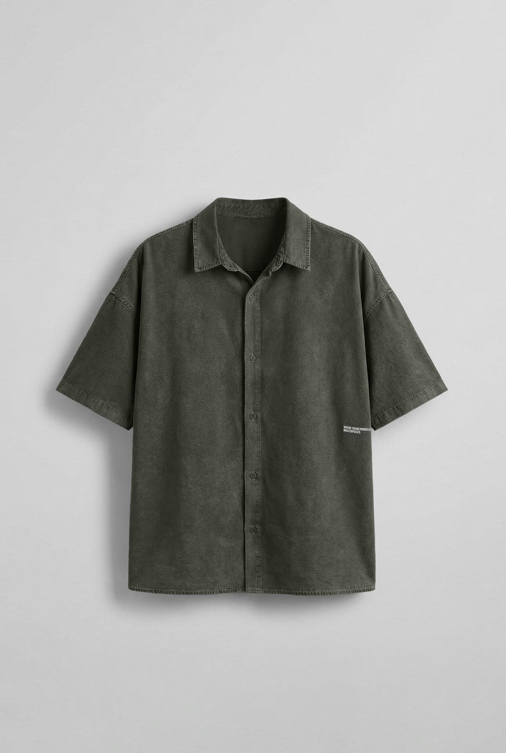 Erkek Kısa Kollu Desen Baskılı Yıkamalı Oversize Gömlek Haki