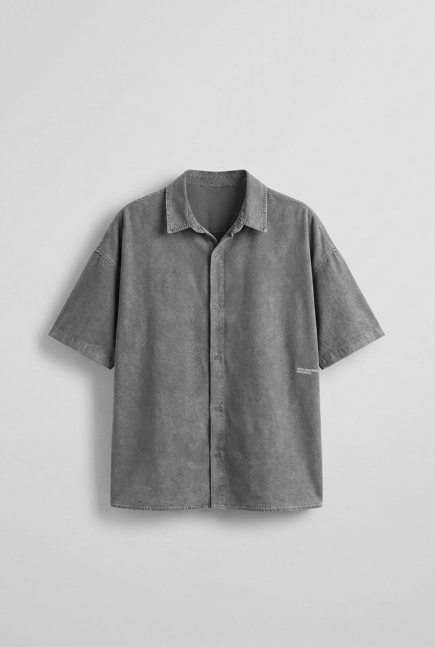 Erkek Kısa Kollu Desen Baskılı Yıkamalı Oversize Gömlek Gri