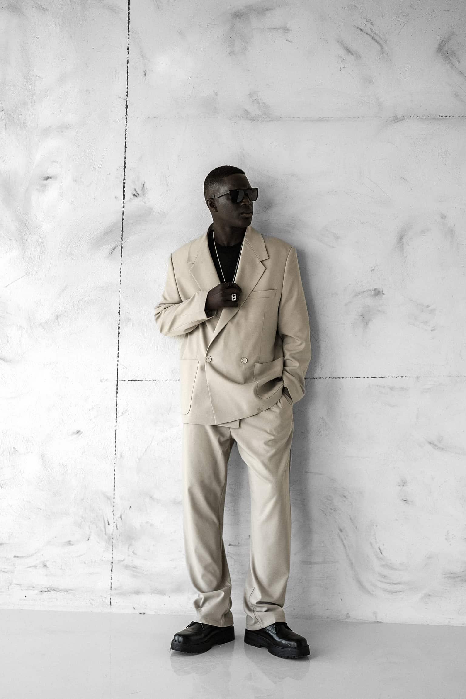 Erkek Kruvaze Düğmeli Oversize Takım Elbise Bej