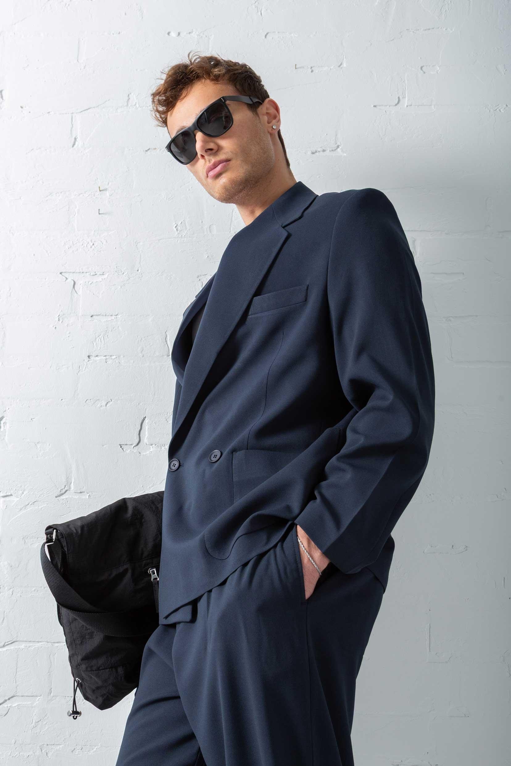 Erkek Kruvaze Düğmeli Oversize Takım Elbise Lacivert