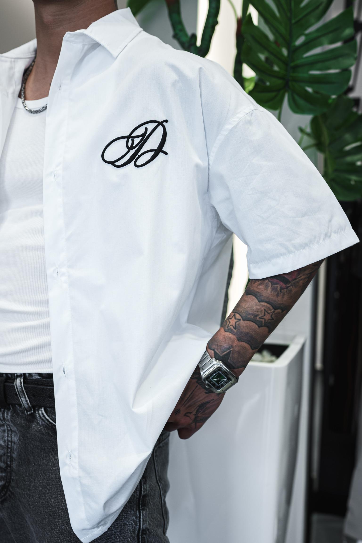 Erkek Nakışlı Kısa Kollu Oversize Gömlek Beyaz