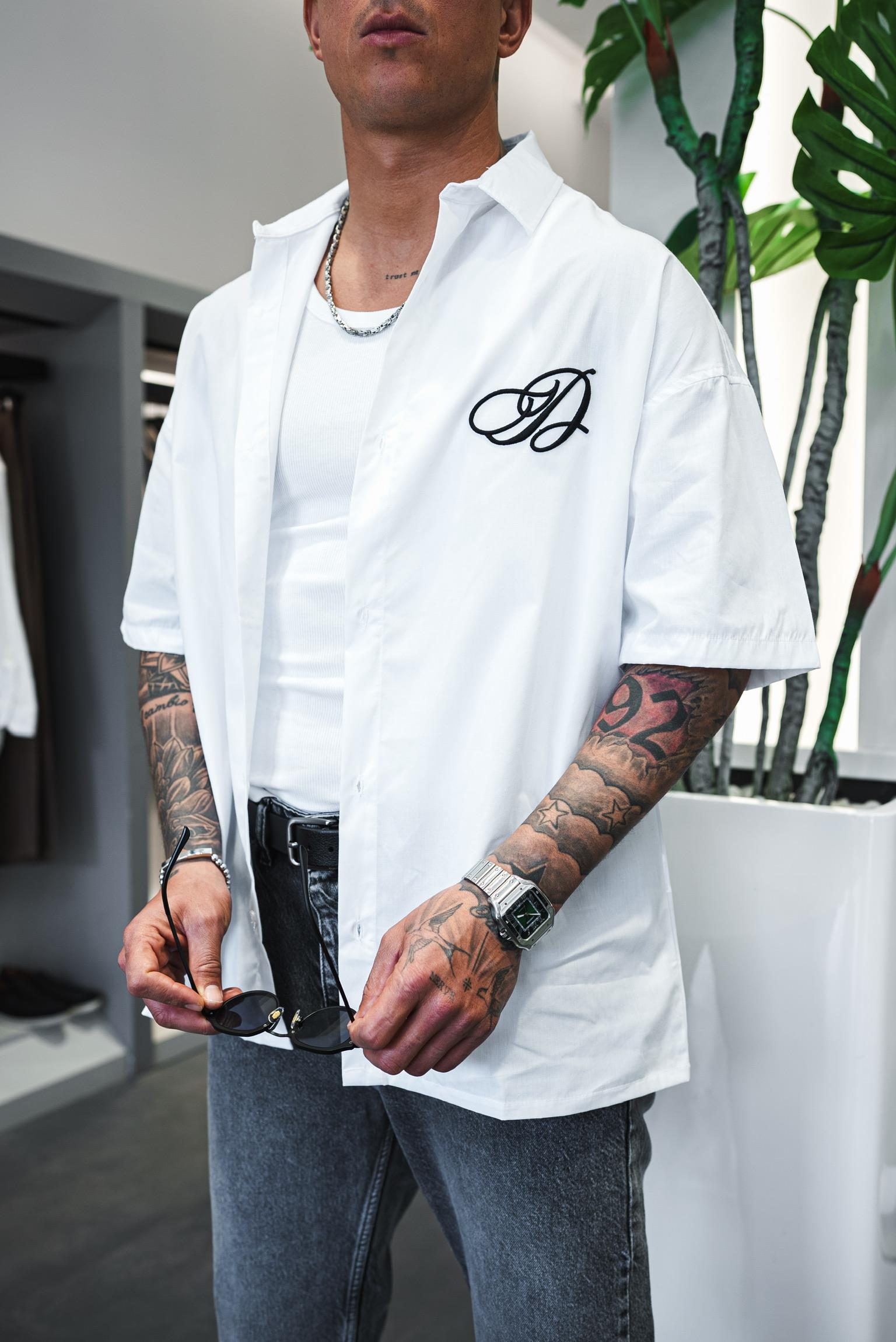 Erkek Nakışlı Kısa Kollu Oversize Gömlek Beyaz