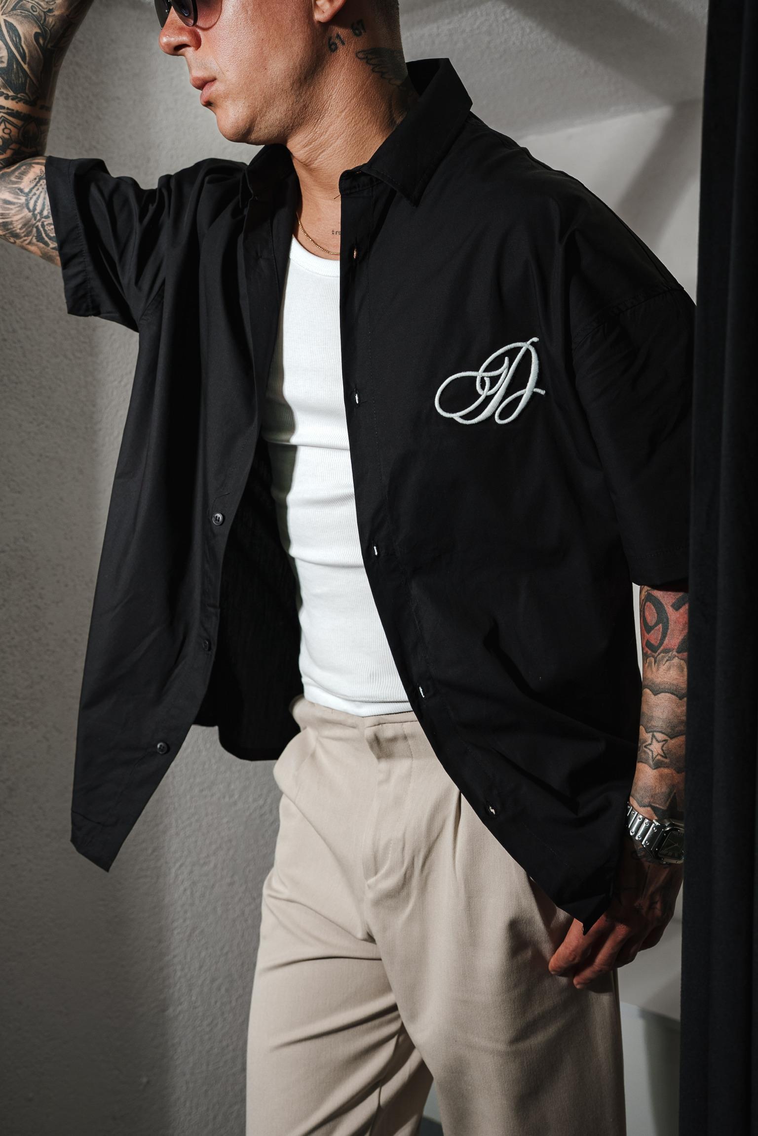 Erkek Nakışlı Kısa Kollu Oversize Gömlek Siyah