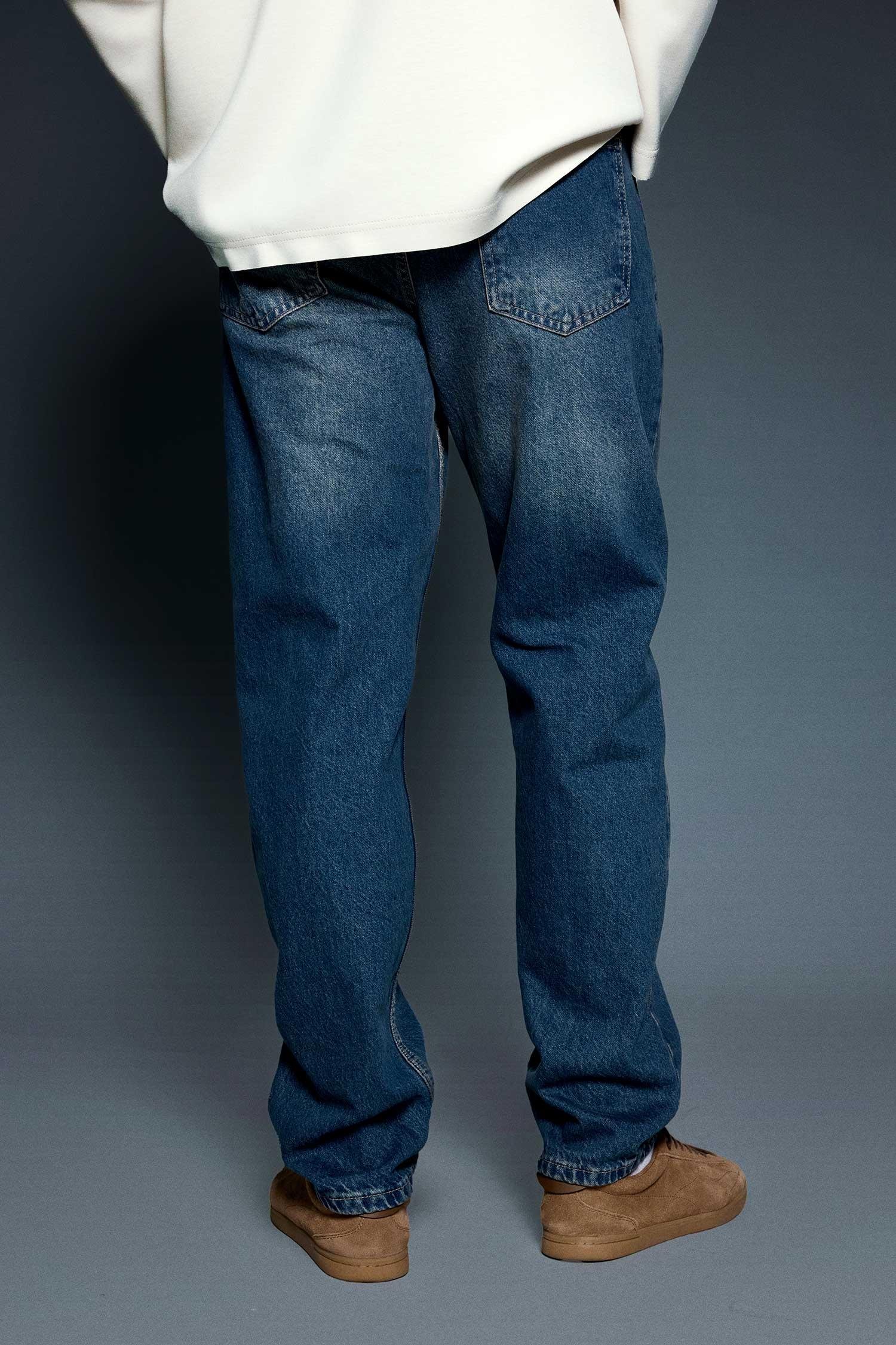 Erkek Ön Dikiş Detaylı Yıkamalı Baggy Jean Koyu Mavi