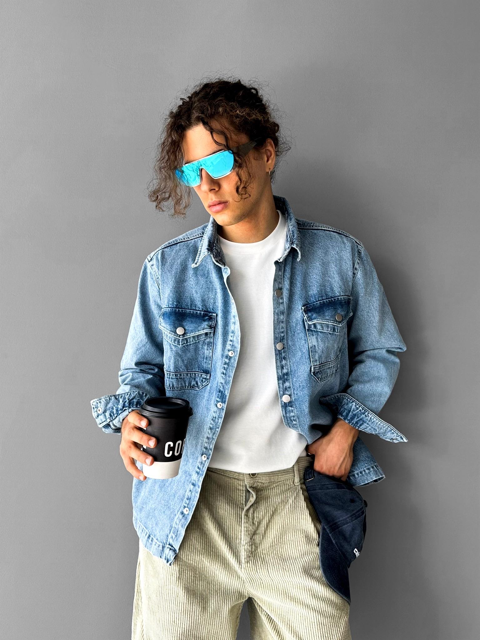 Erkek Önü Cepli Premium Denim Gömlek Lacivert