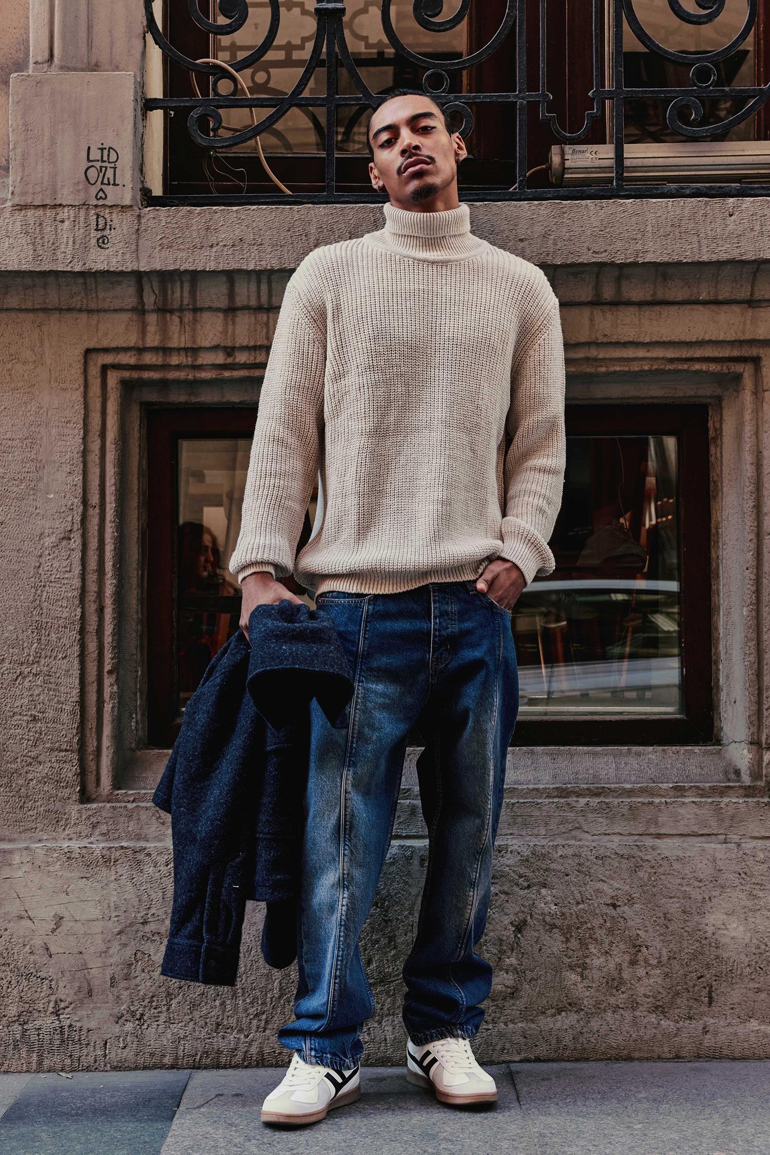 Erkek Oversize Balıkçı Yaka Boğazlı Kazak Bej