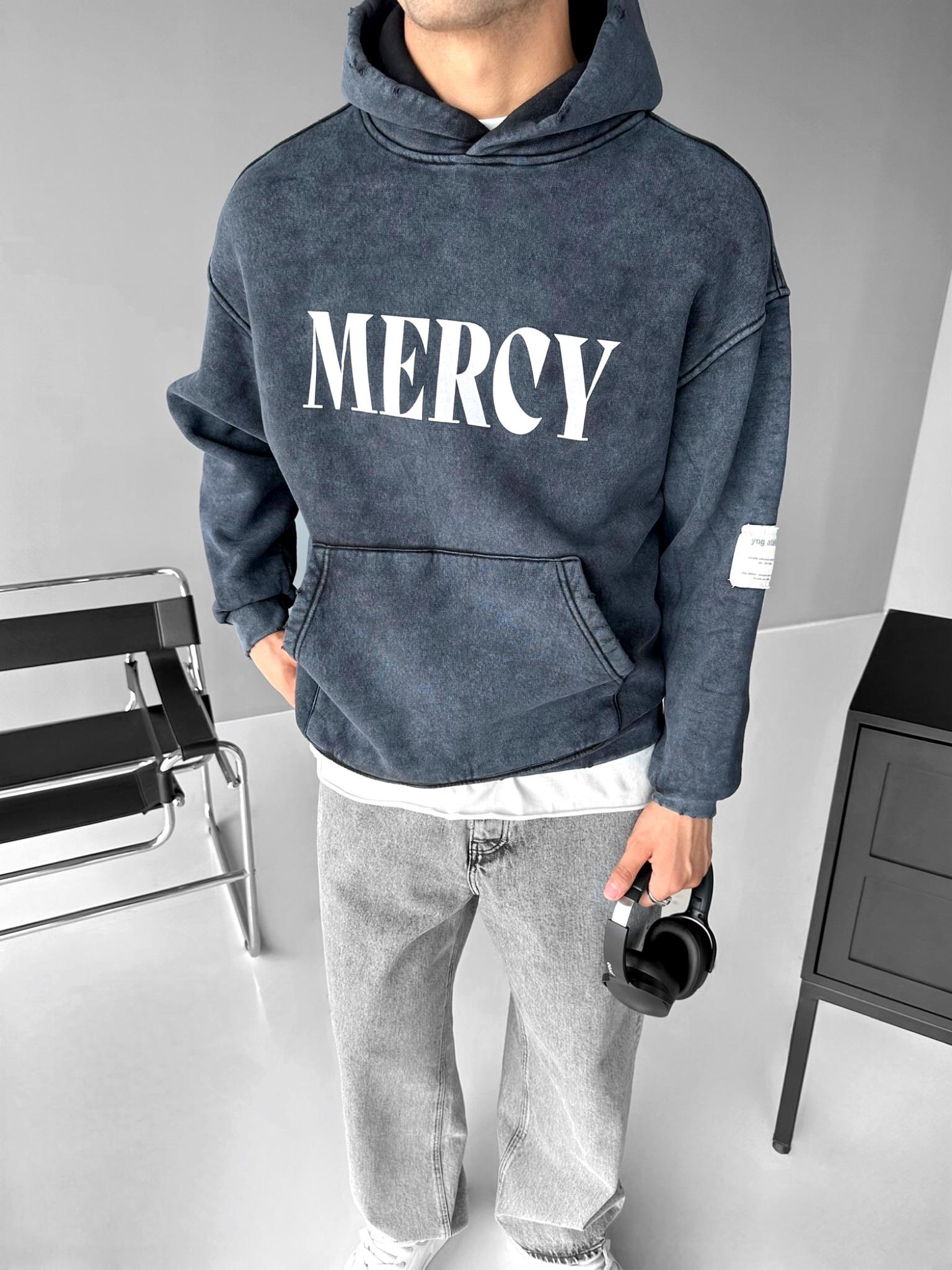 Erkek Oversize Baskılı Kapüşonlu Pamuklu Sweatshirt Siyah