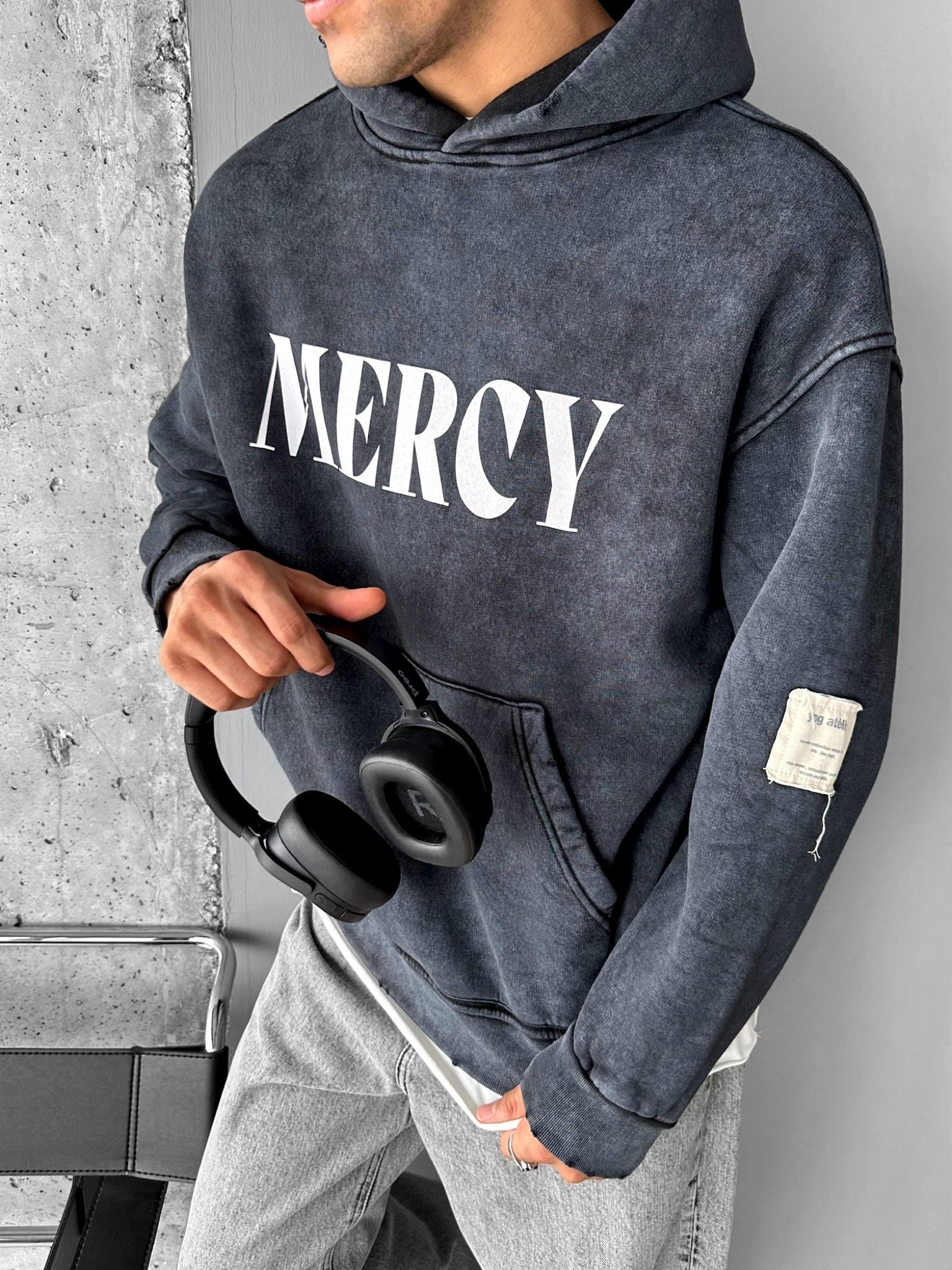 Erkek Oversize Baskılı Kapüşonlu Pamuklu Sweatshirt Siyah