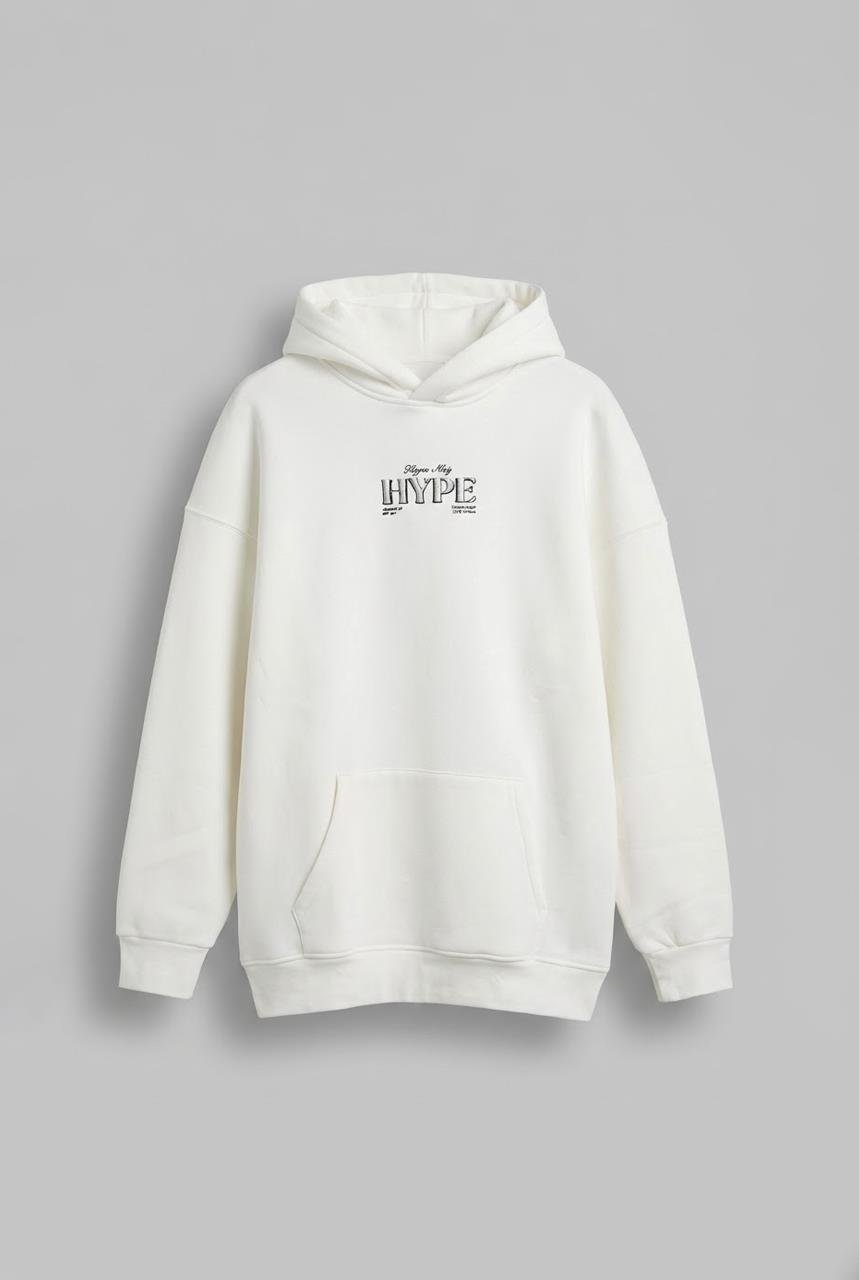 Unisex Oversize Kabartma Baskılı Premium Kalın Kapüşonlu Sweatshirt Ekru
