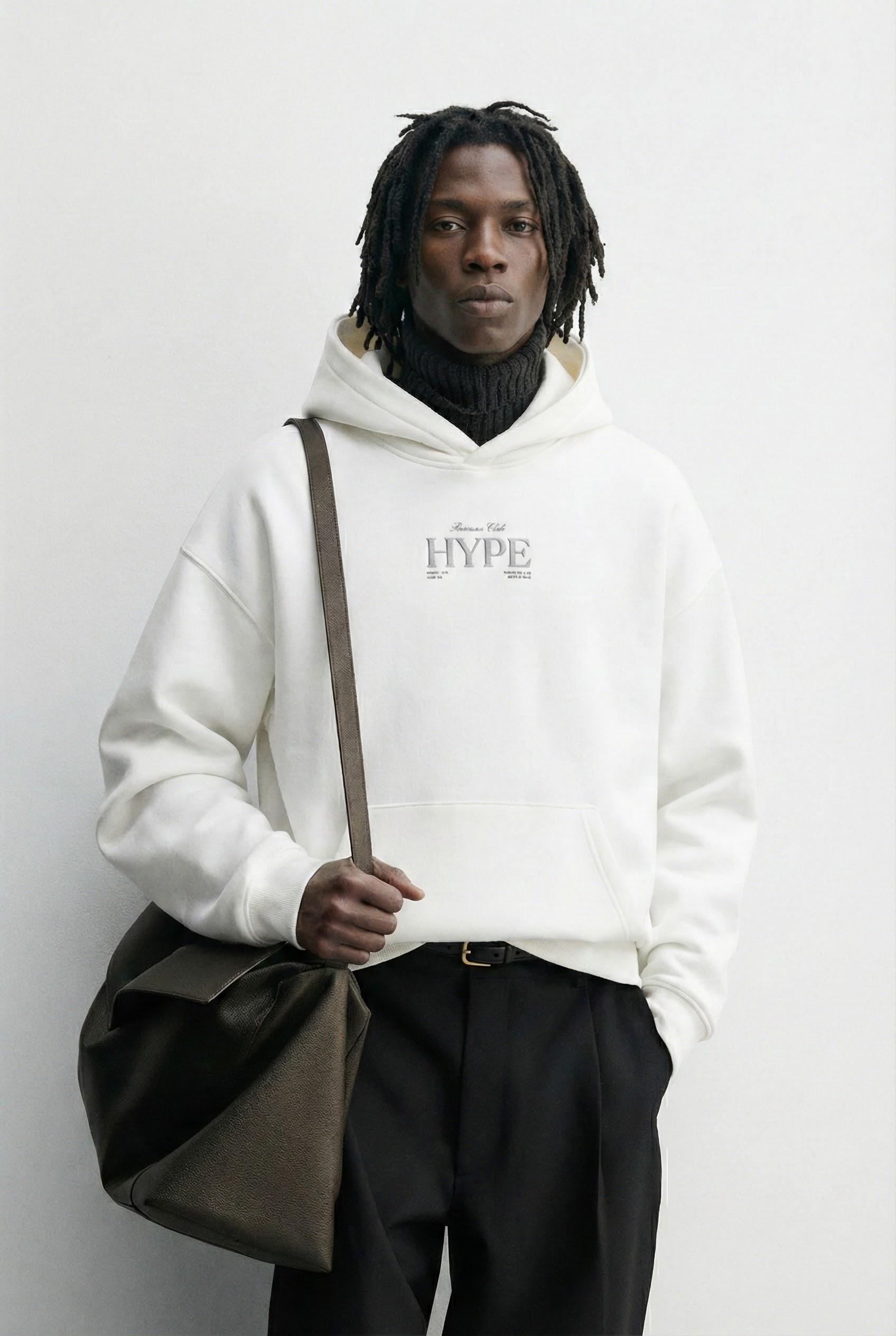 Unisex Oversize Kabartma Baskılı Premium Kalın Kapüşonlu Sweatshirt Ekru