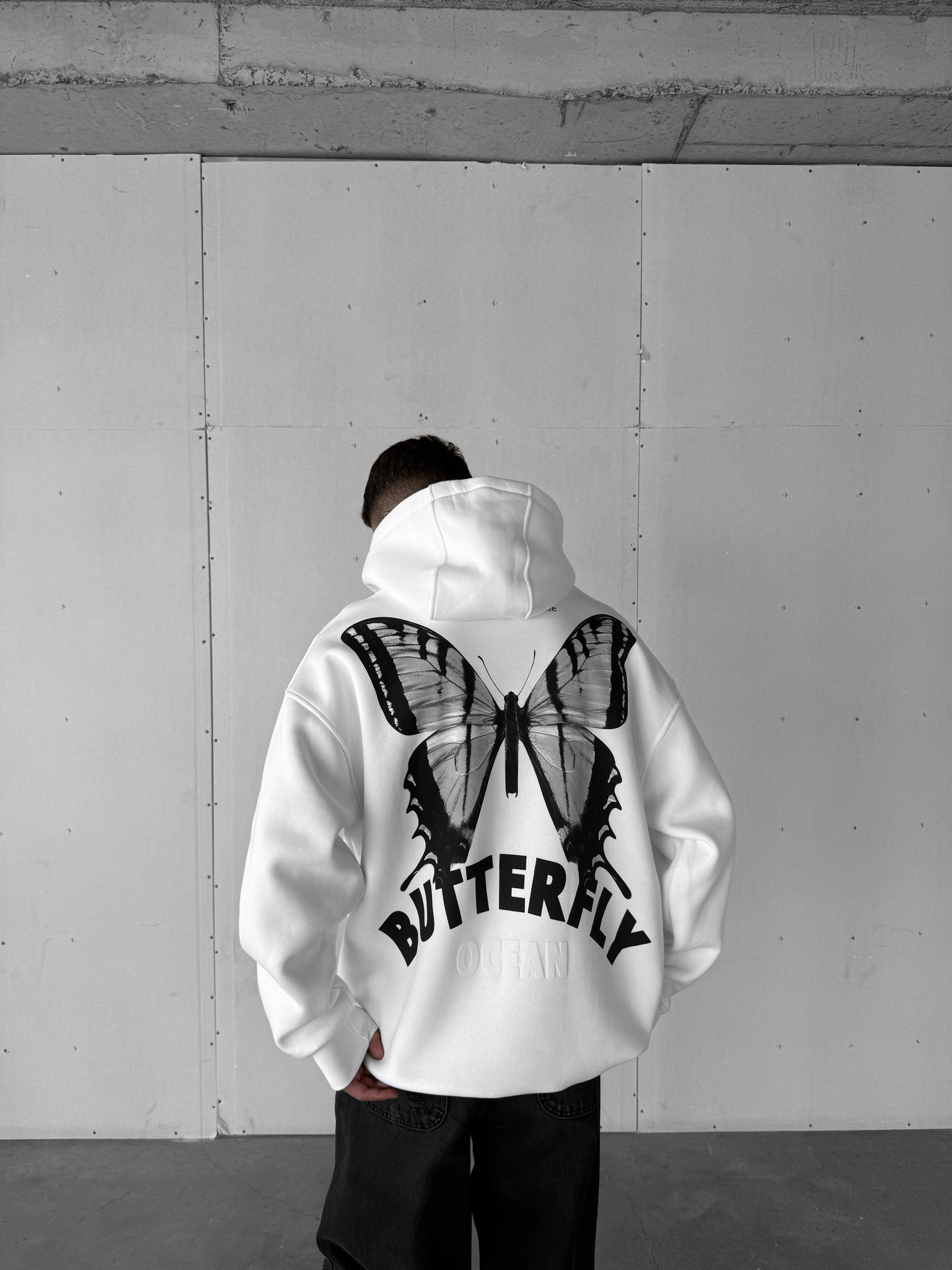 Unisex Oversize Kelebek Baskılı Kalın Kapüşonlu Sweatshirt Beyaz