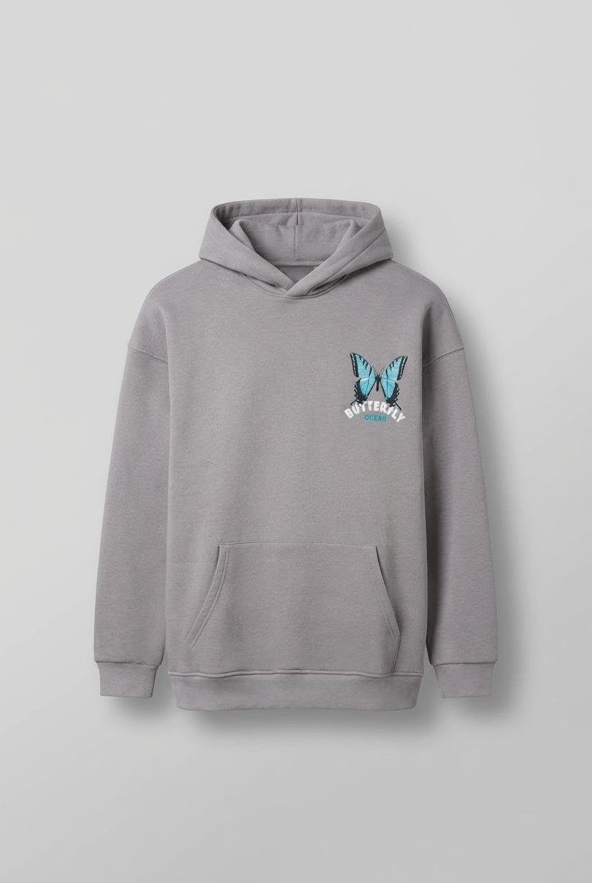 Unisex Oversize Kelebek Baskılı Kalın Kapüşonlu Sweatshirt Gri