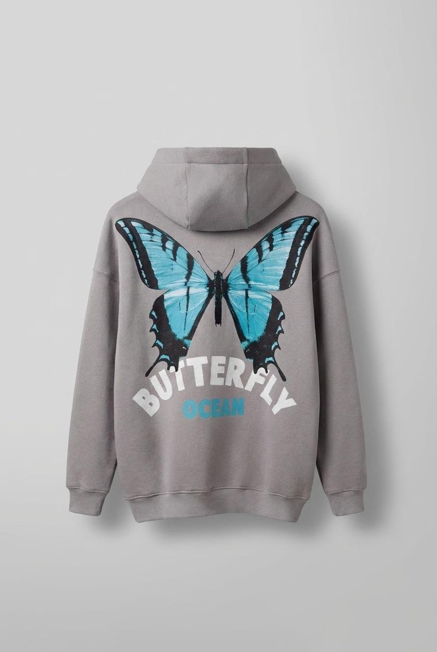 Unisex Oversize Kelebek Baskılı Kalın Kapüşonlu Sweatshirt Gri