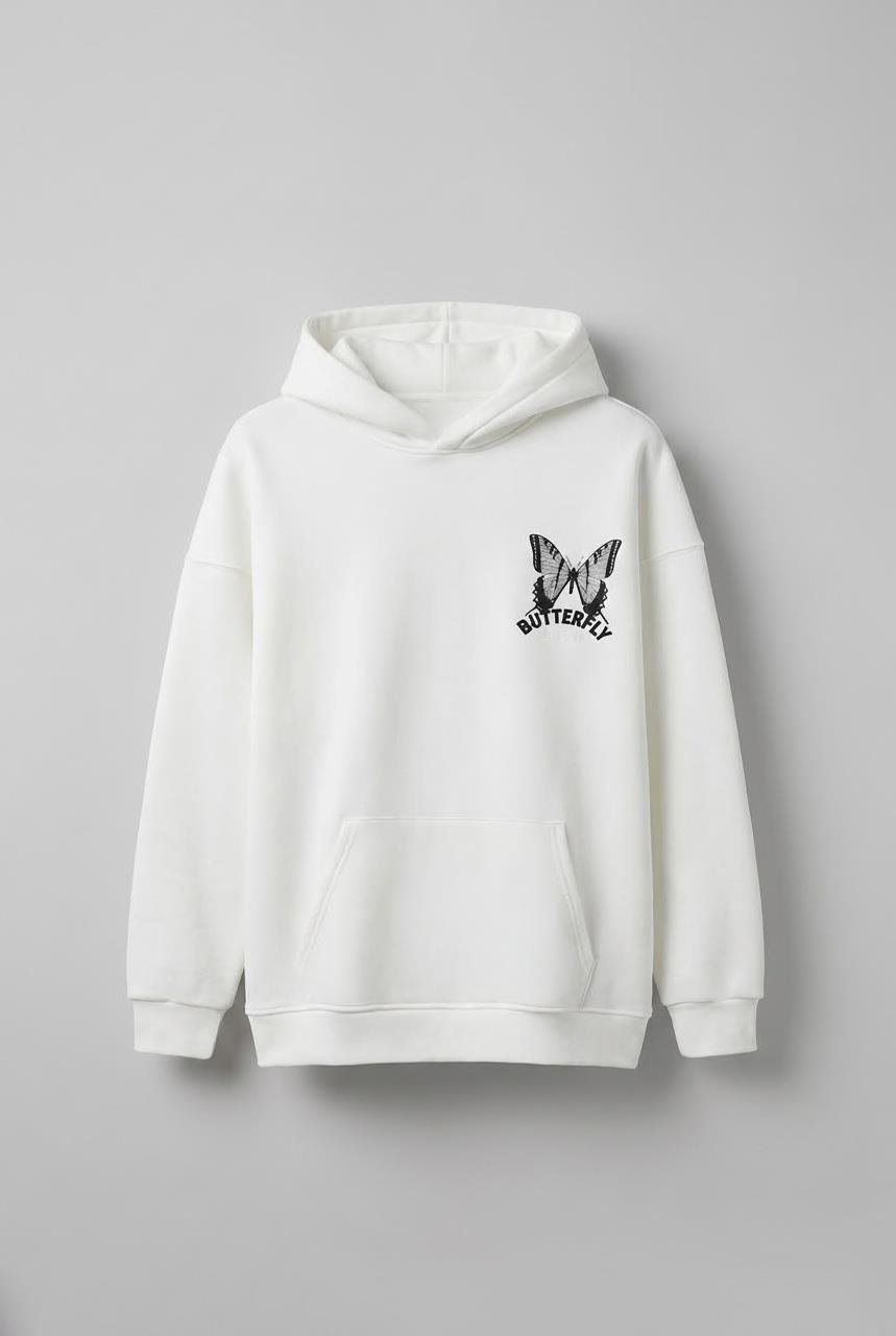 Unisex Oversize Kelebek Baskılı Kalın Kapüşonlu Sweatshirt Beyaz