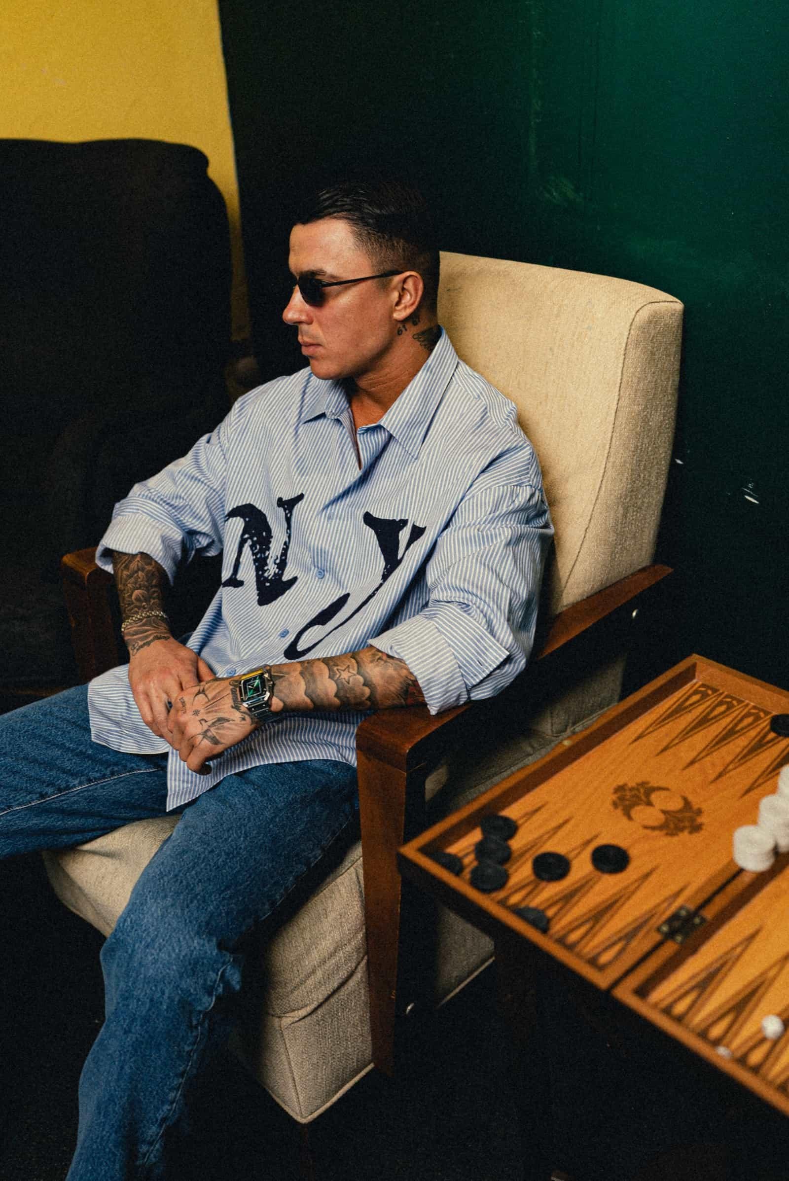 Erkek Oversize Çizgili Baskılı Gömlek Mavi