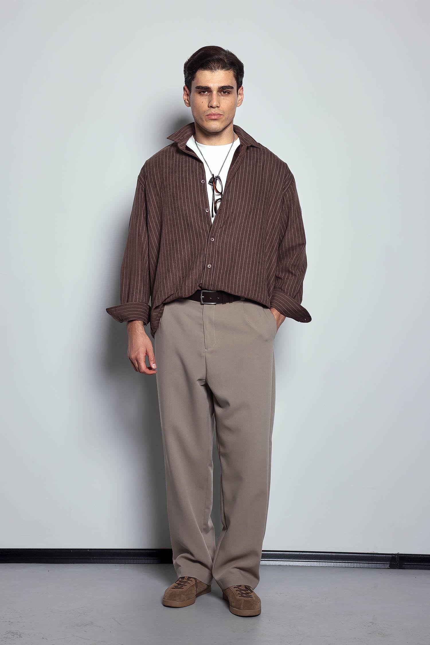 Erkek Oversize Çizgili Uzun Kollu Gömlek Kahverengi