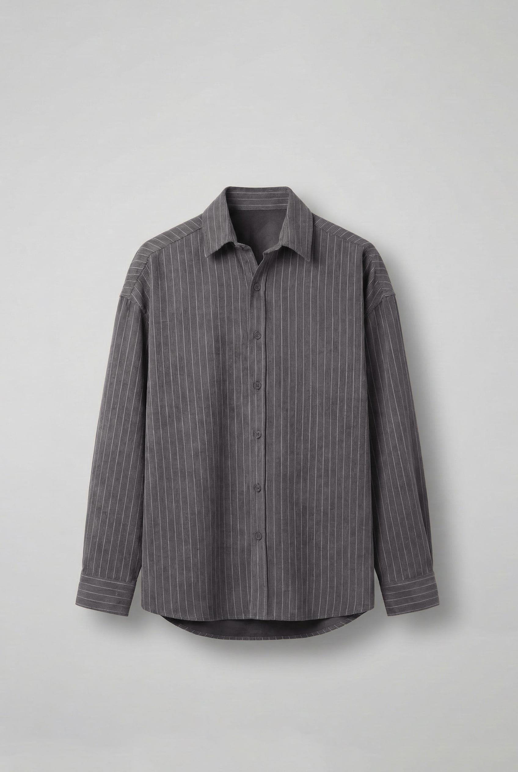 Erkek Oversize Çizgili Uzun Kollu Gömlek Antrasit