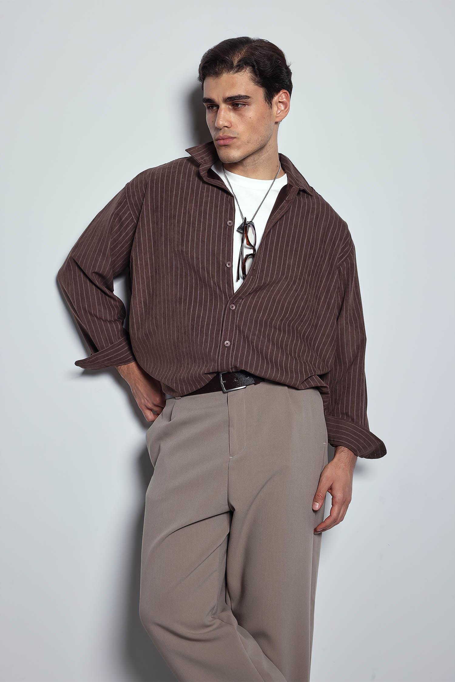 Erkek Oversize Çizgili Uzun Kollu Gömlek Kahverengi