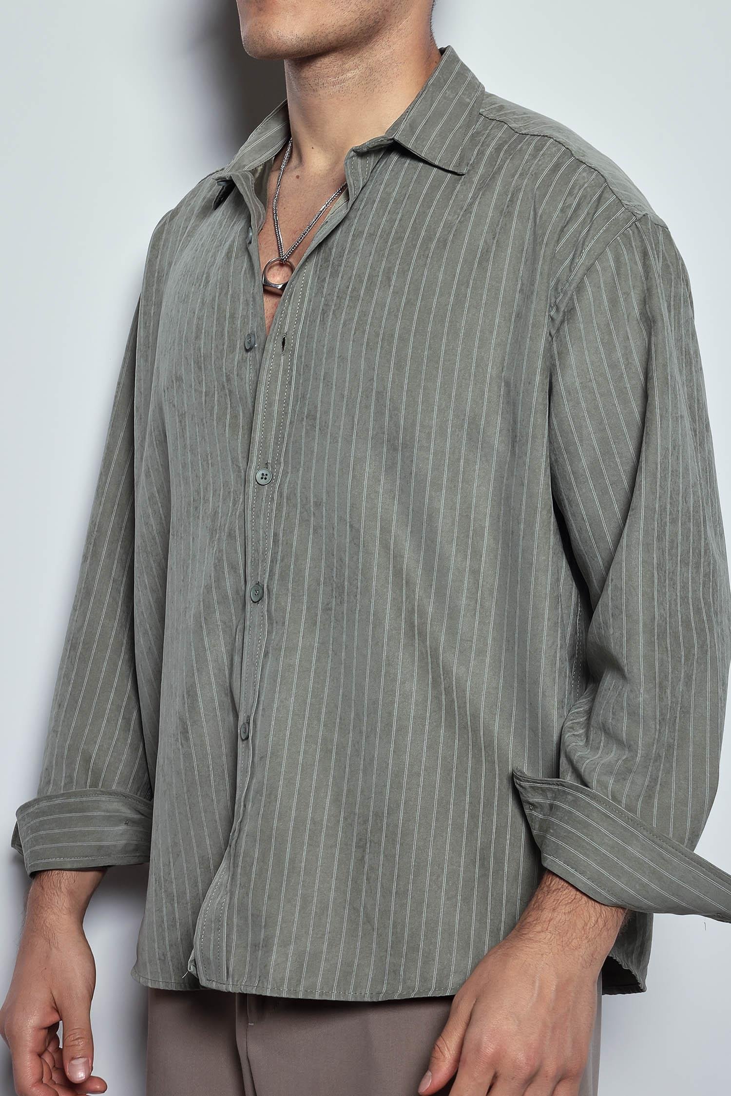 Erkek Oversize Çizgili Uzun Kollu Gömlek Haki Yeşil